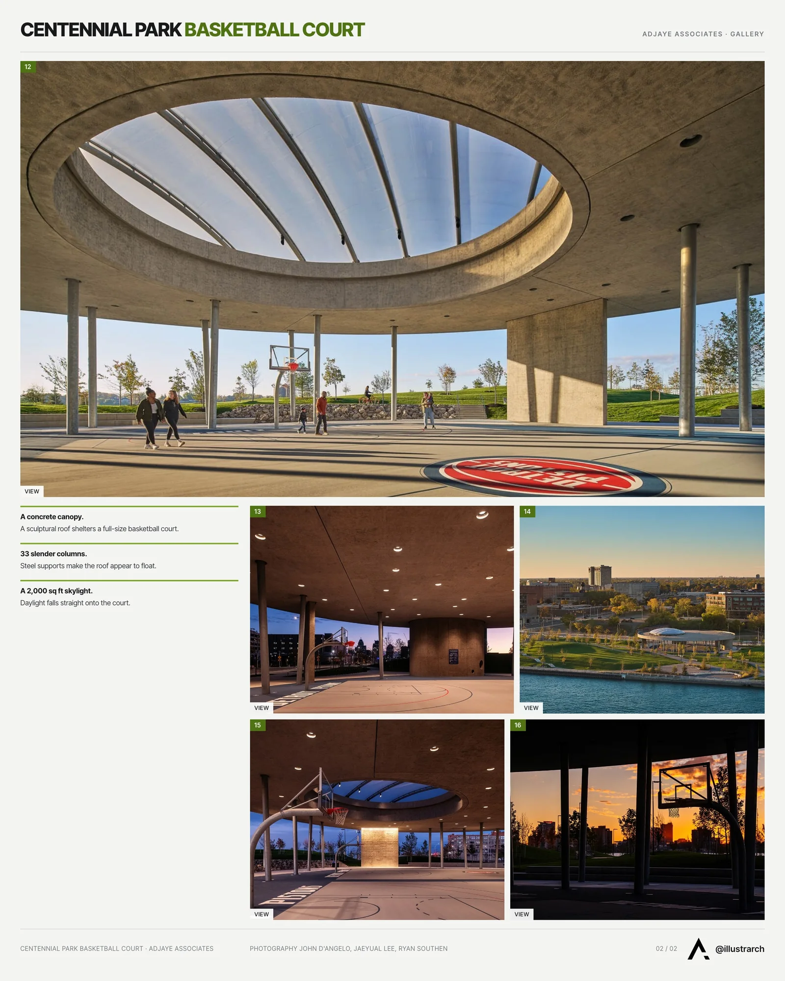 Second presentation board sheet for Basketball Court - Ralph C. Wilson Jr. Centennial Park by Adjaye Associates, laying out the project drawings and images on one page