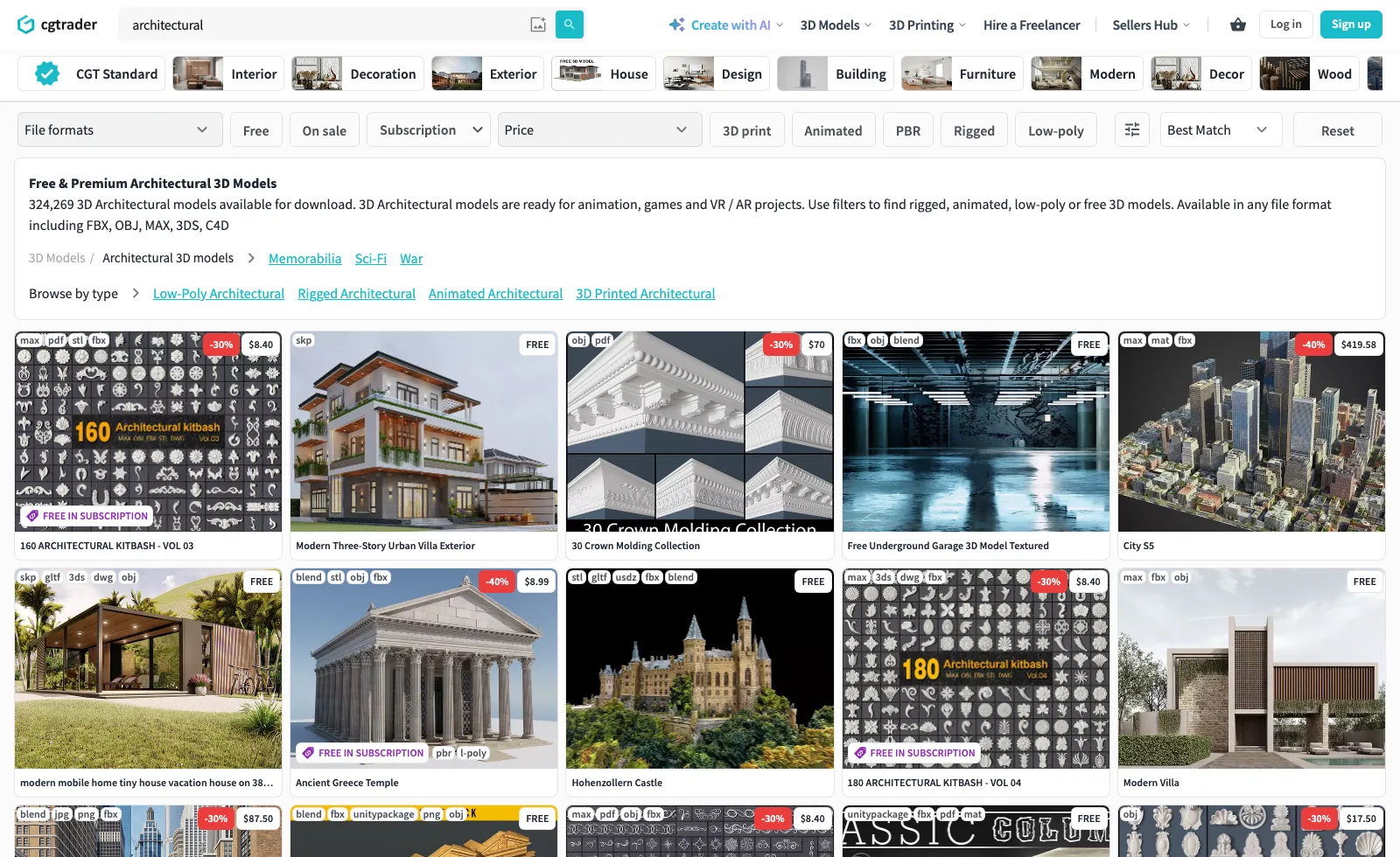 CGTrader architectural 3D models page with category filters and thumbnails of villas, kitbashes and a Greek temple