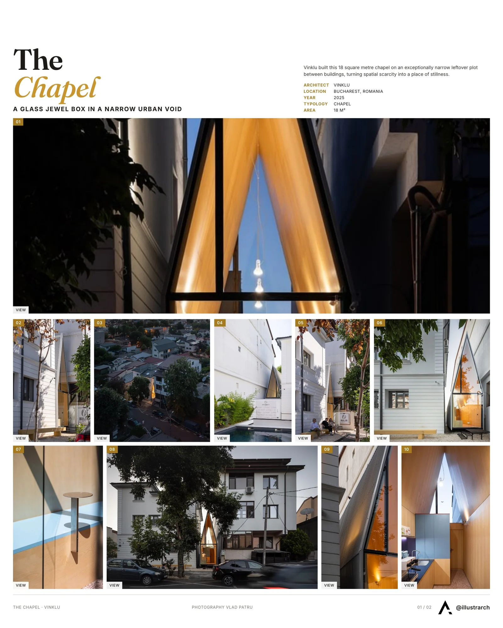 Presentation board cover for The Chapel Jewel-Box Intervention by Vinklu, with the lead image, project summary and a grid of photographs and drawings