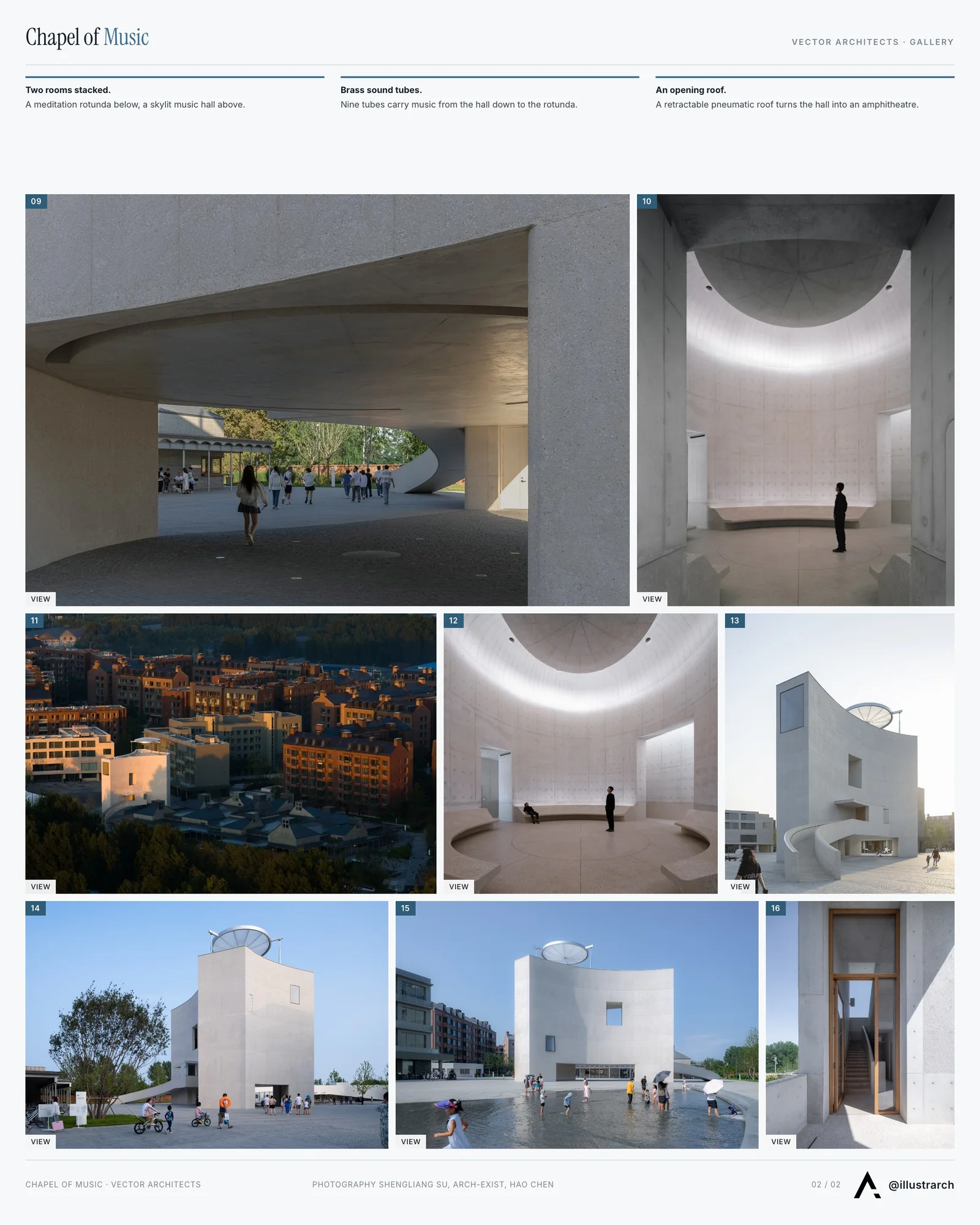 Second presentation board sheet for Chapel of Music by Vector Architects, laying out the project drawings and images on one page