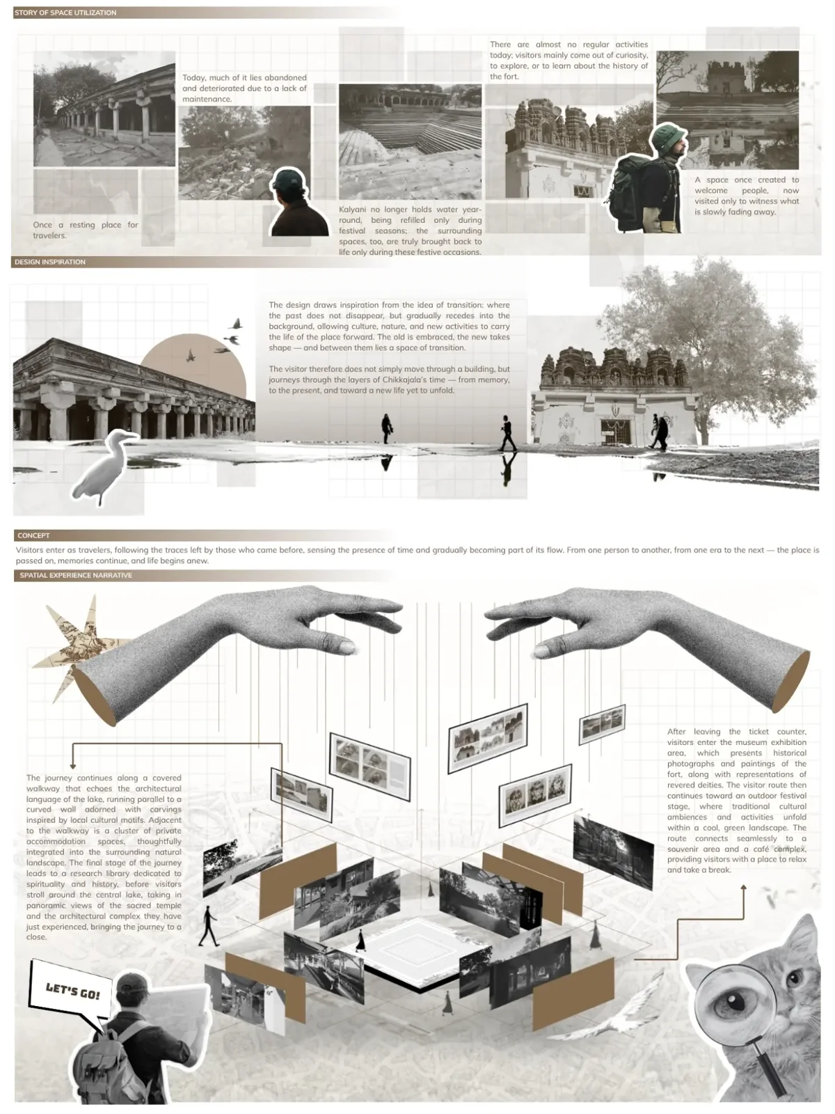 Sepia board with archival photos, text and a hand drawing collage, with consistent sepia typography and grid