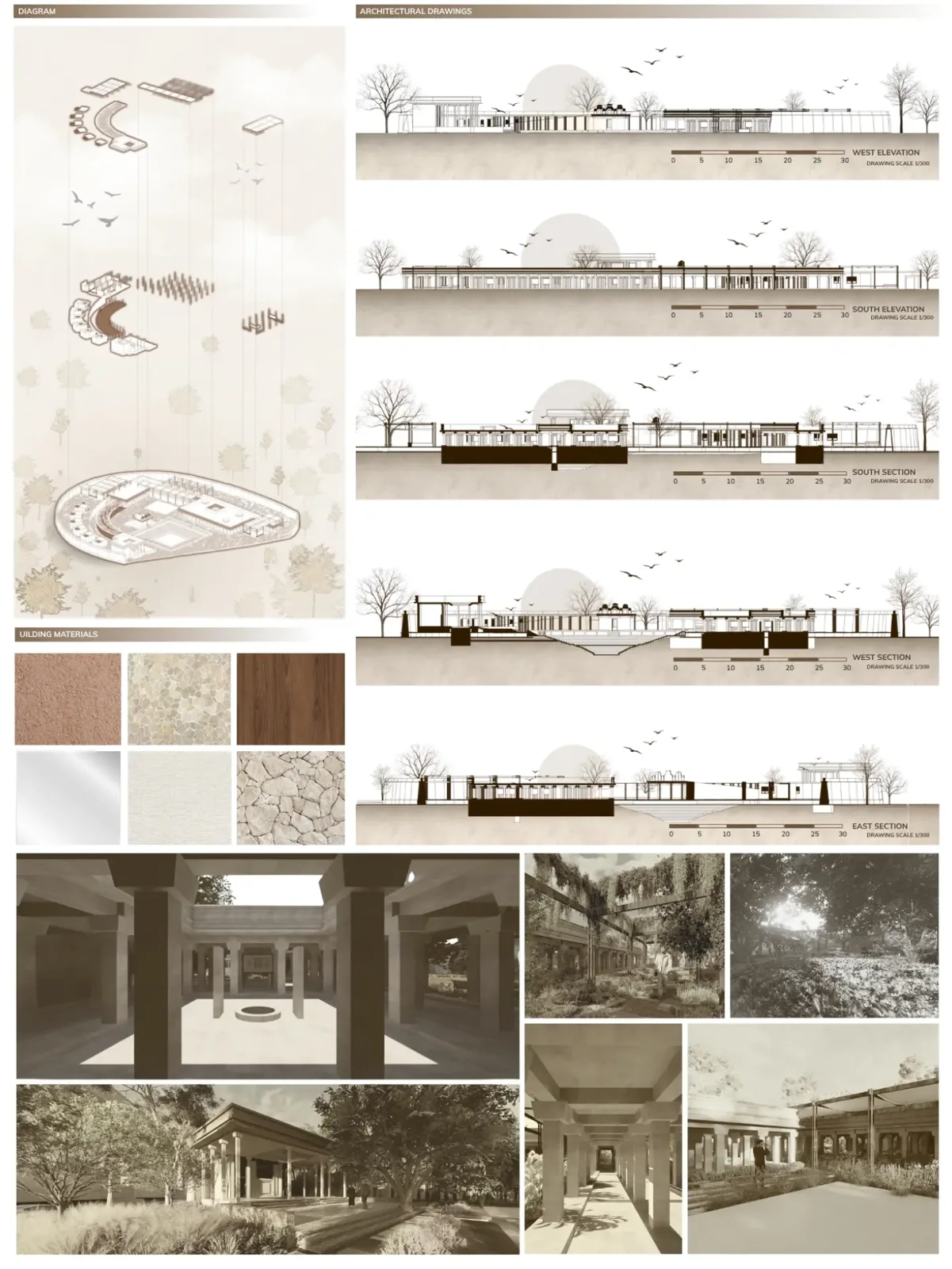 Sepia board with a row of small sections and a grid of interior photographs, in a consistent sepia palette