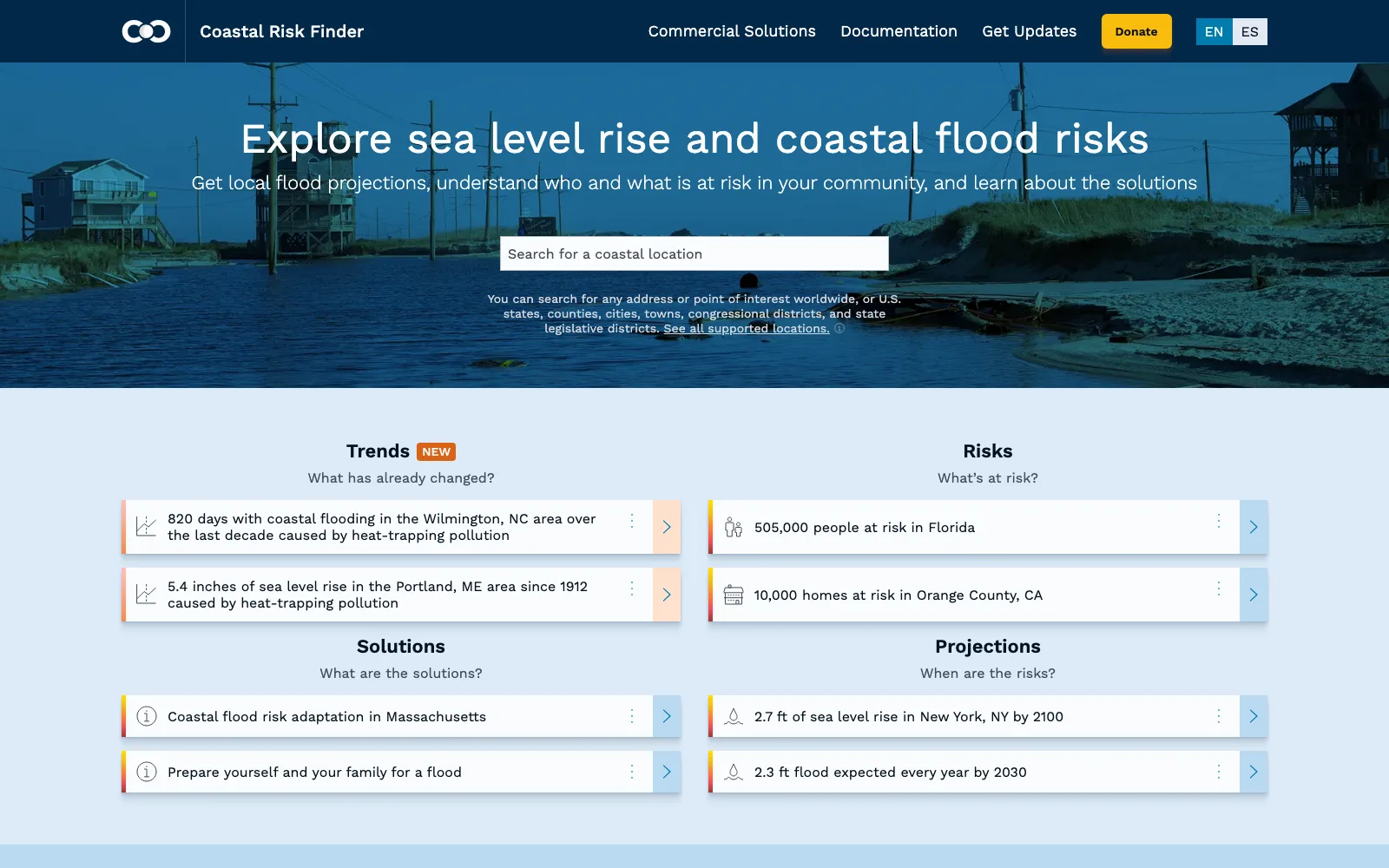 Climate Central Coastal Risk Finder homepage with a coastal search box and sea level rise projections