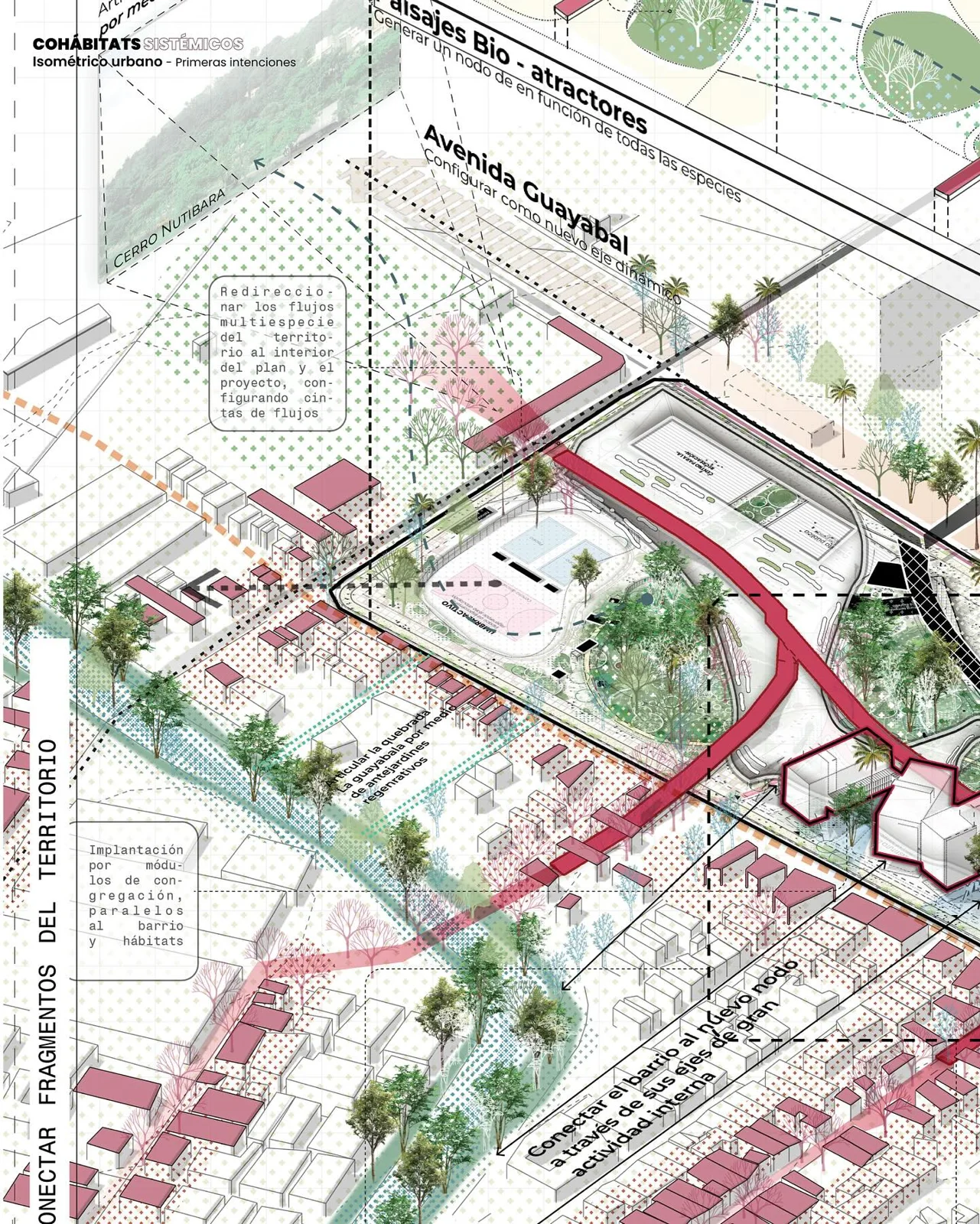 Dense urban plan with a red highlighted route along Avenida Colombia, highlighting a connected corridor