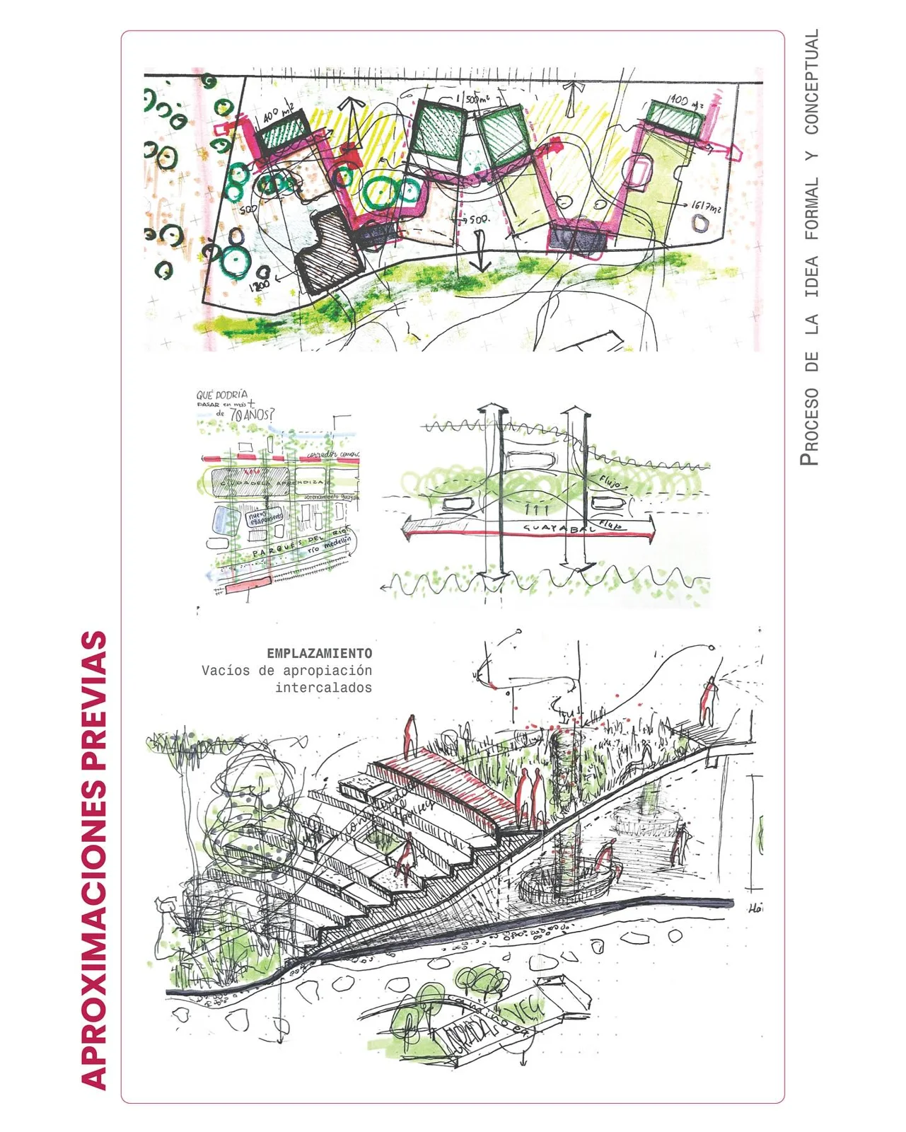 Vertical board titled previous approximations with diagrams and axonometric sketches, showing early process sketches