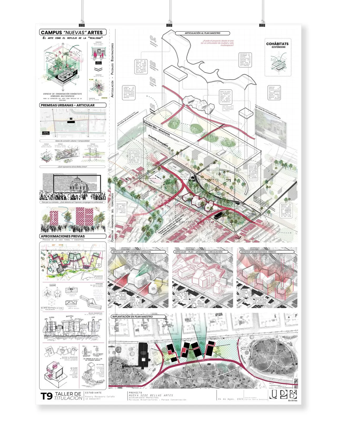 Fine arts campus board with a curved red path site plan and dense small diagrams, from a student project portfolio