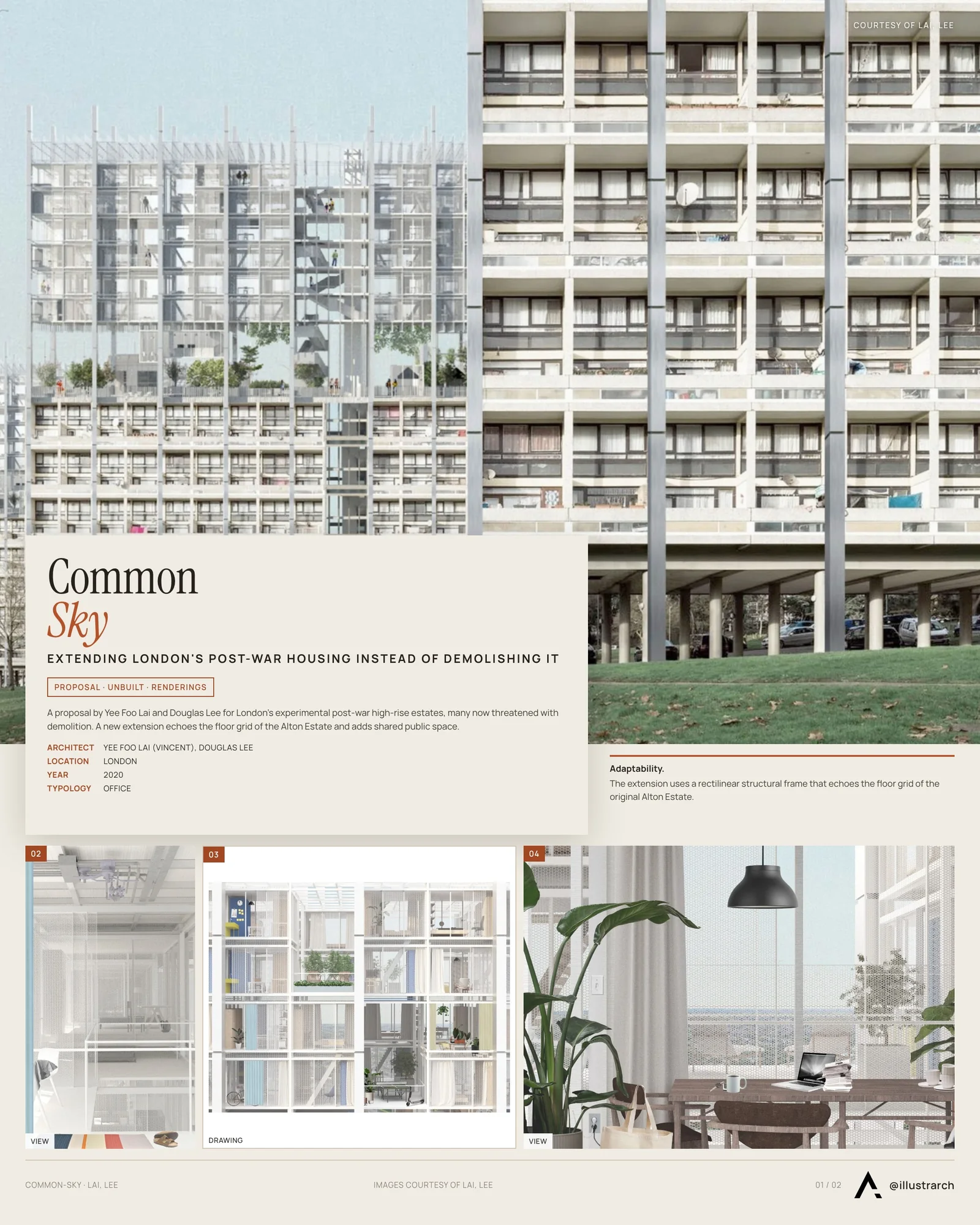 Presentation board cover for Common - Sky, with the lead image, project summary and a grid of photographs and drawings