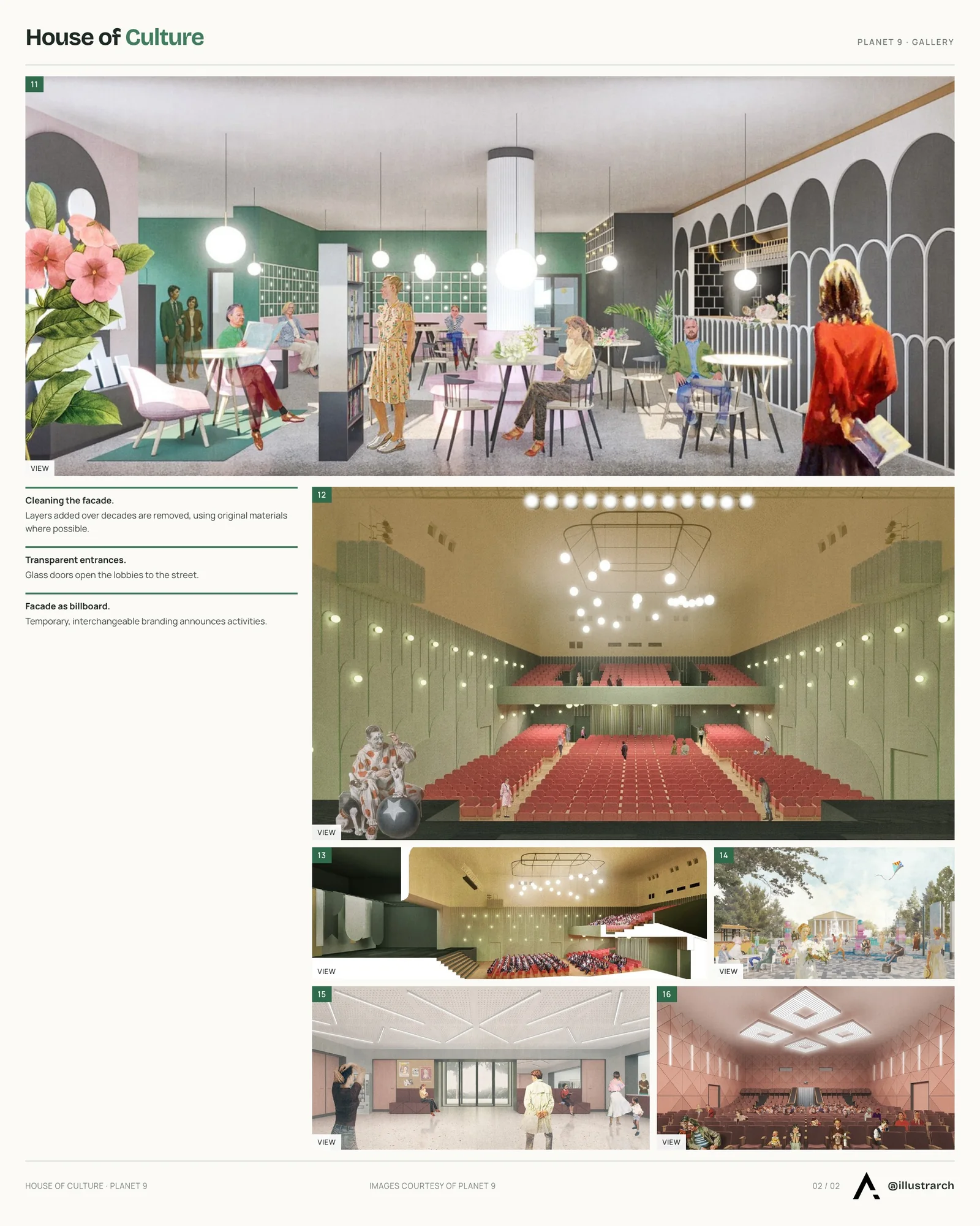 Second presentation board sheet for Community Center Near Moscow, laying out the project drawings and images on one page