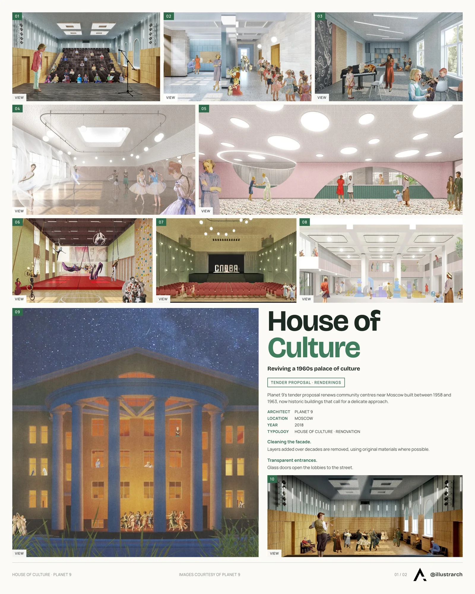 Presentation board cover for Community Center Near Moscow, with the lead image, project summary and a grid of photographs and drawings