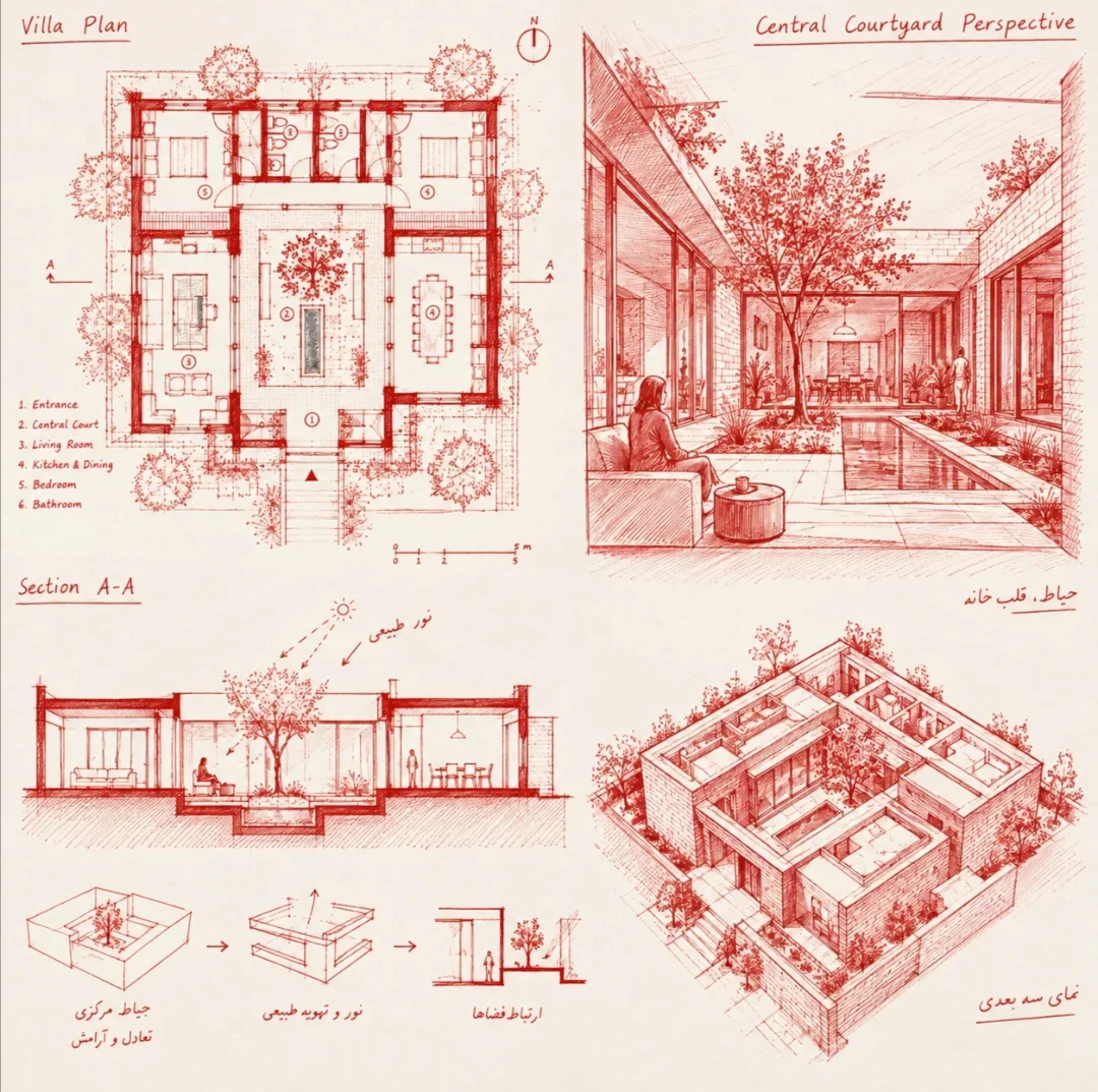 Sepia red line sketches of a villa plan, courtyard perspective and sections, combining plan, perspective, section and axonometric sketch styles