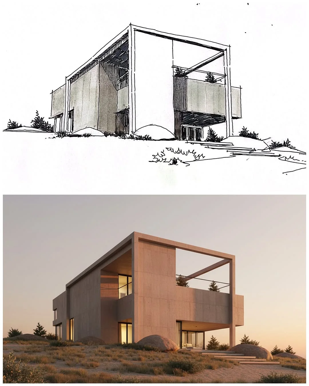 Concept house line sketch above its final photorealistic render, showing the same view before and after