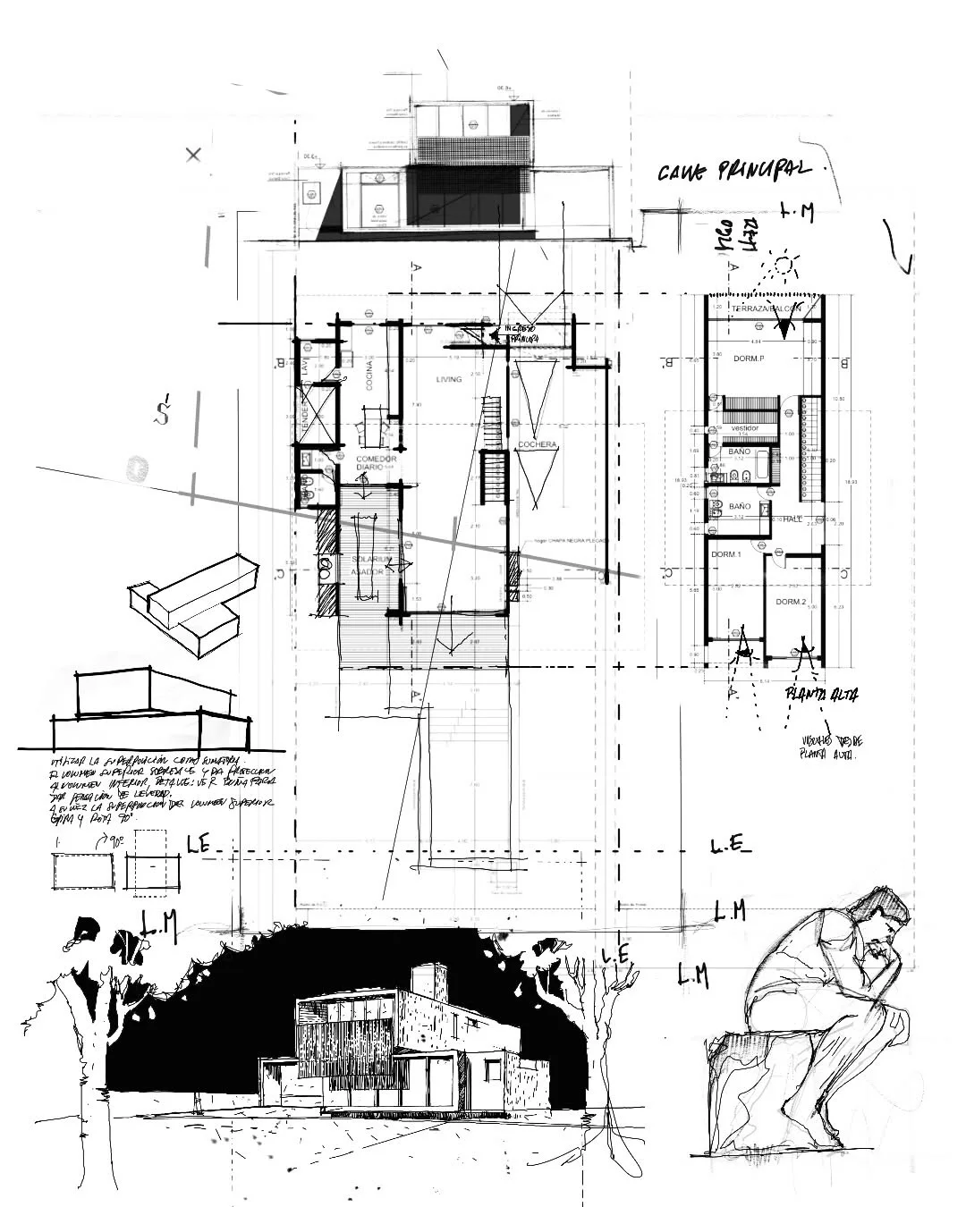 Concept sketch sheet combining plan, section and elevation studies for a small house with notes