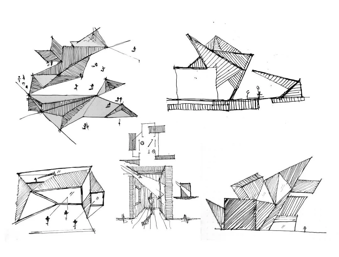 Sheet of quick deconstructivist concept sketches testing angular roofs, sections and volumes with arrows