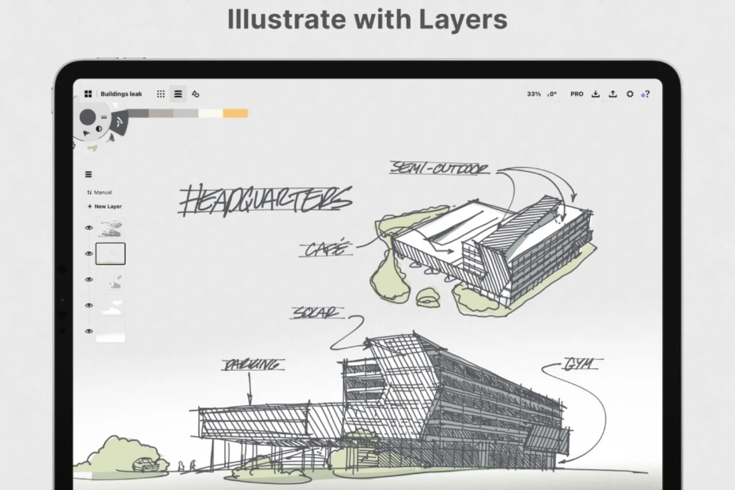Concepts layers panel beside an annotated perspective sketch of a headquarters building with cafe and gym labels