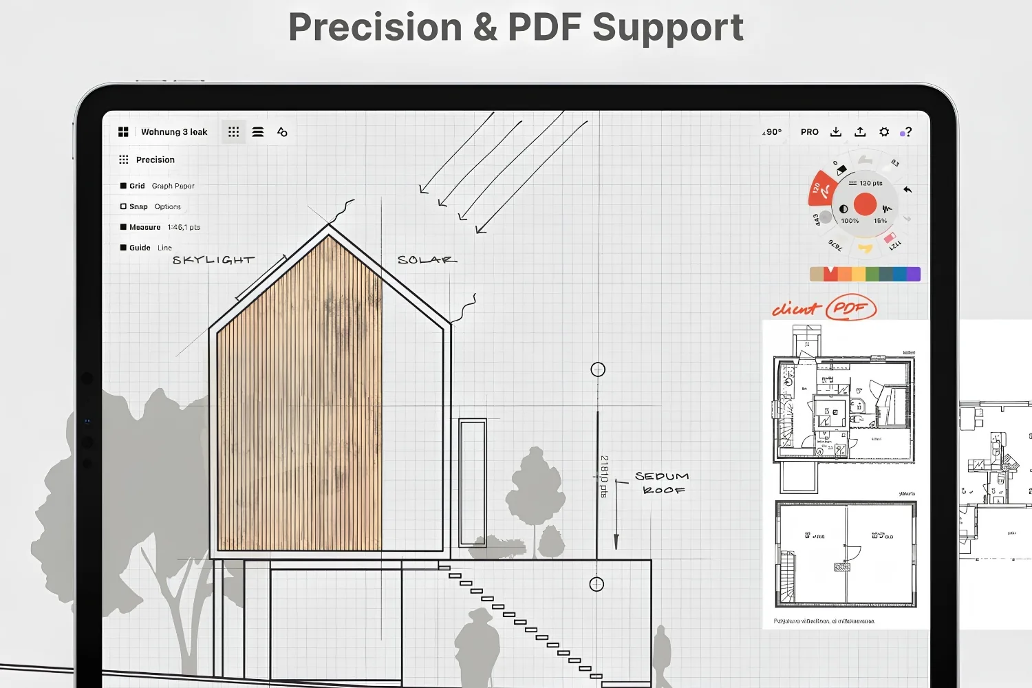 Concepts precision mode on iPad with a scaled gabled house section on grid paper and imported PDF plans
