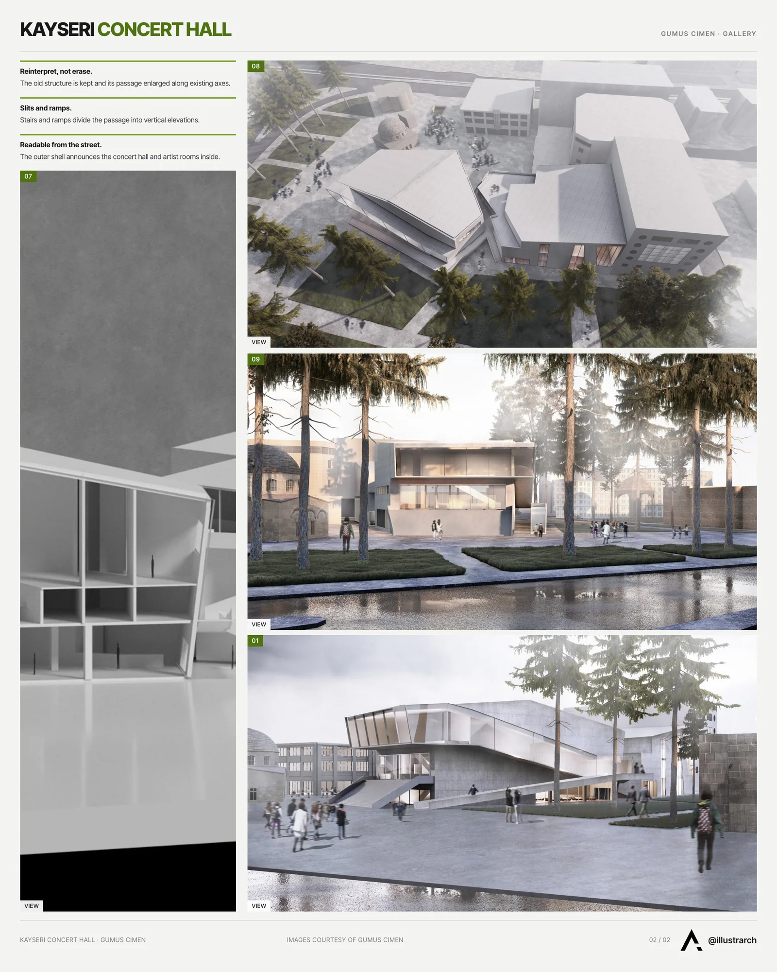 Second presentation board sheet for Concert Hall, laying out the project drawings and images on one page