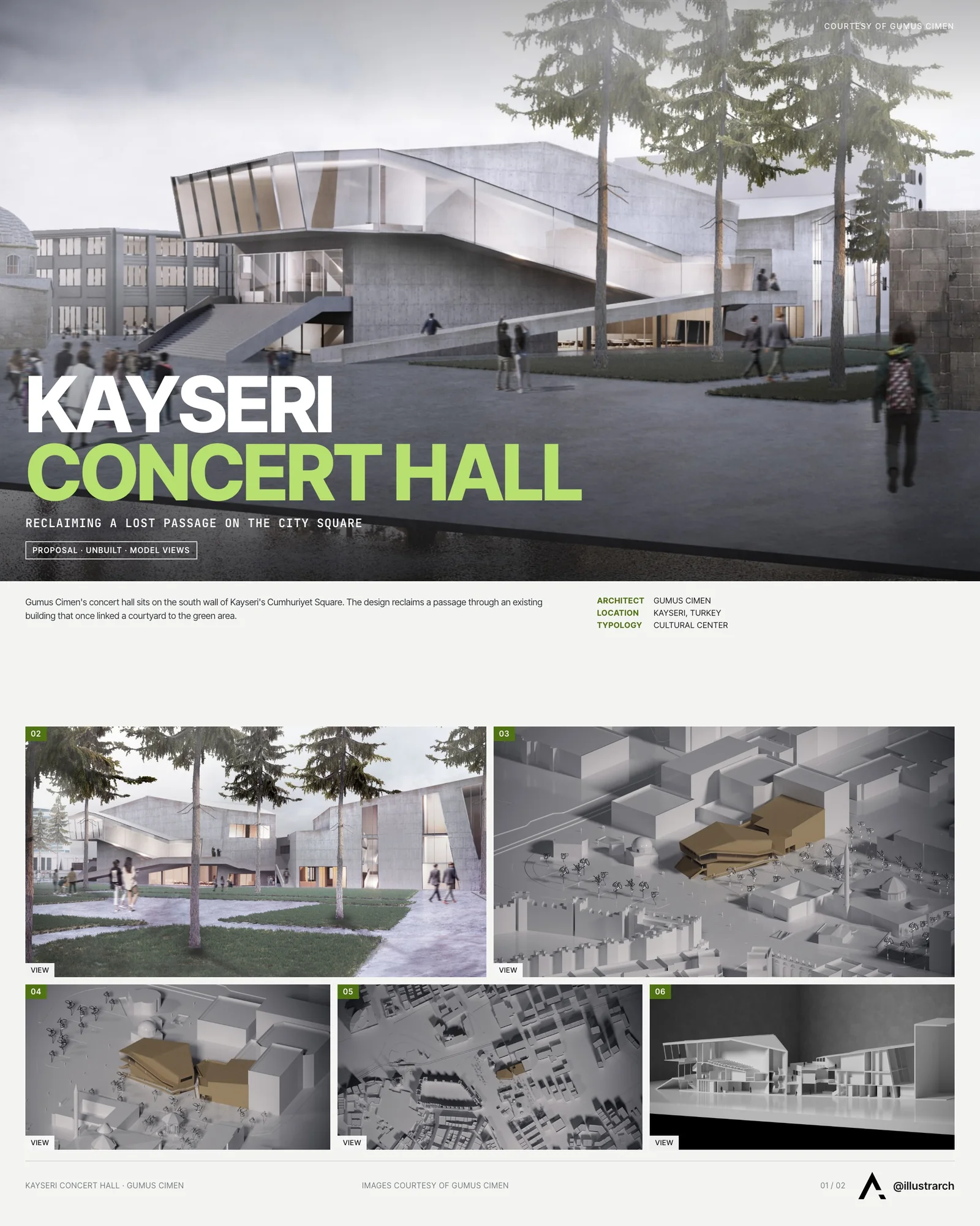 Presentation board cover for Concert Hall, with the lead image, project summary and a grid of photographs and drawings