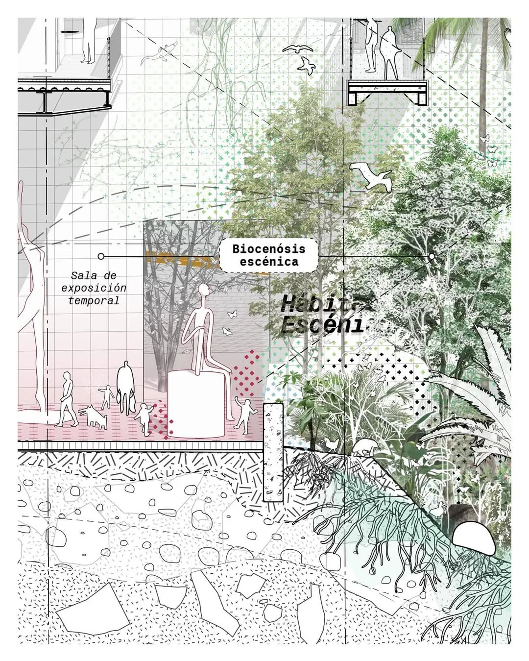 Pink toned planted section drawing labeled Habitat Escénico showing layered terraces and vegetation