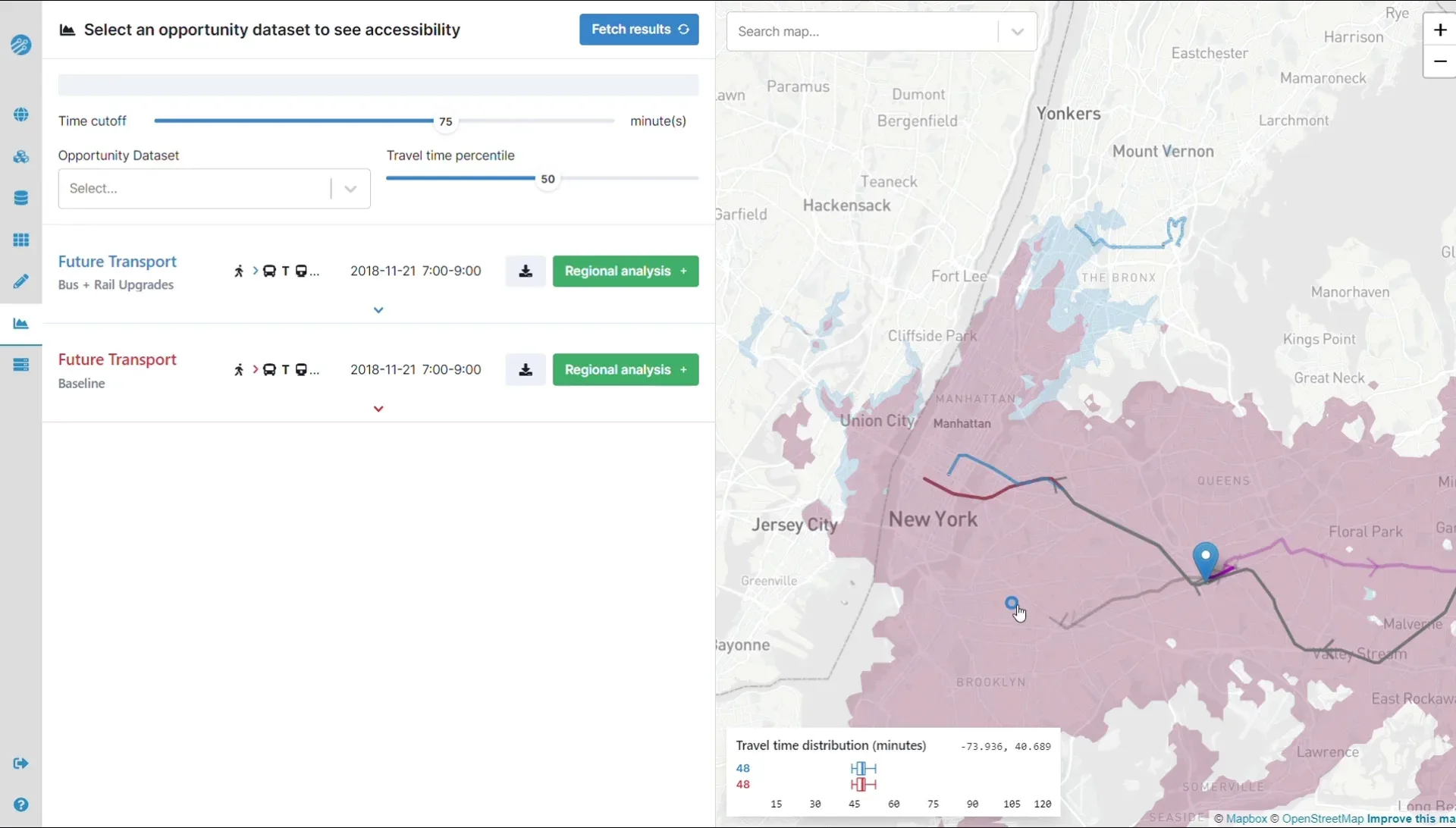Conveyal comparing a bus and rail upgrade with a baseline on a 75 minute transit catchment map of New York