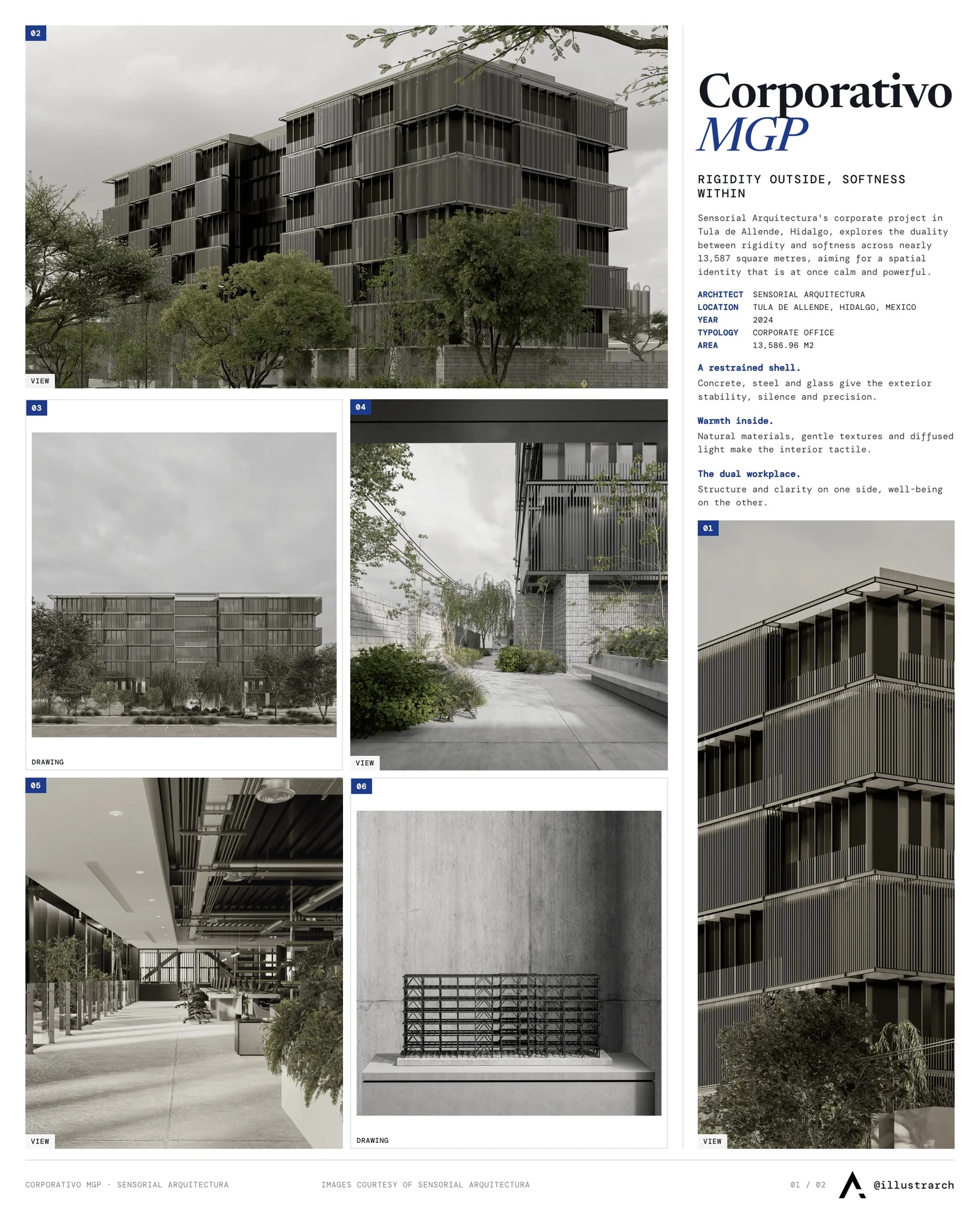 Presentation board cover for Corporativo MGP by Sensorial Arquitectura, with the lead image, project summary and a grid of photographs and drawings