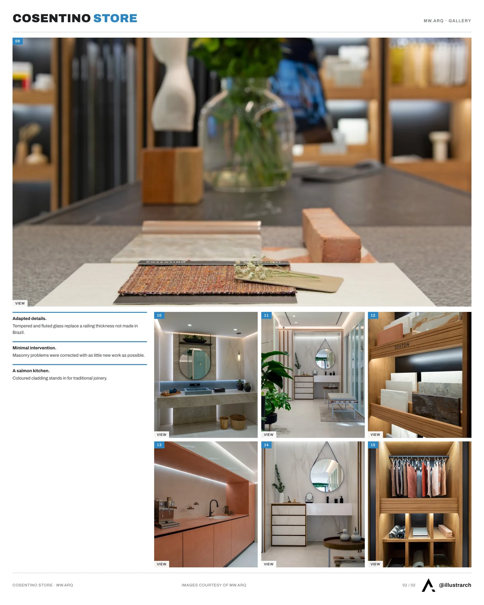 Second presentation board sheet for Cosentino's Store, laying out the project drawings and images on one page