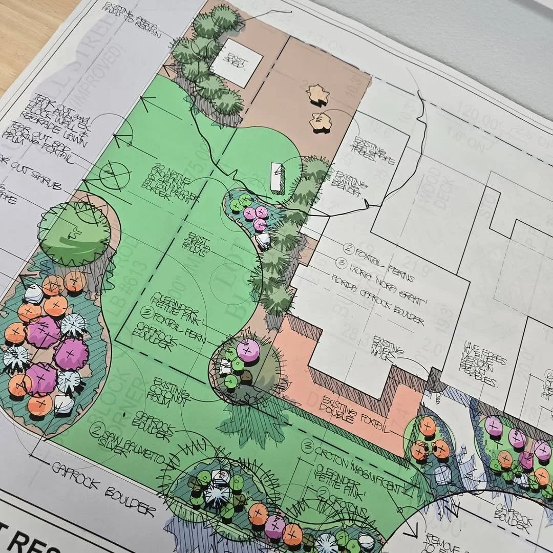 Hand colored cottage garden renovation plan with labeled planting beds, existing trees and paths around the house