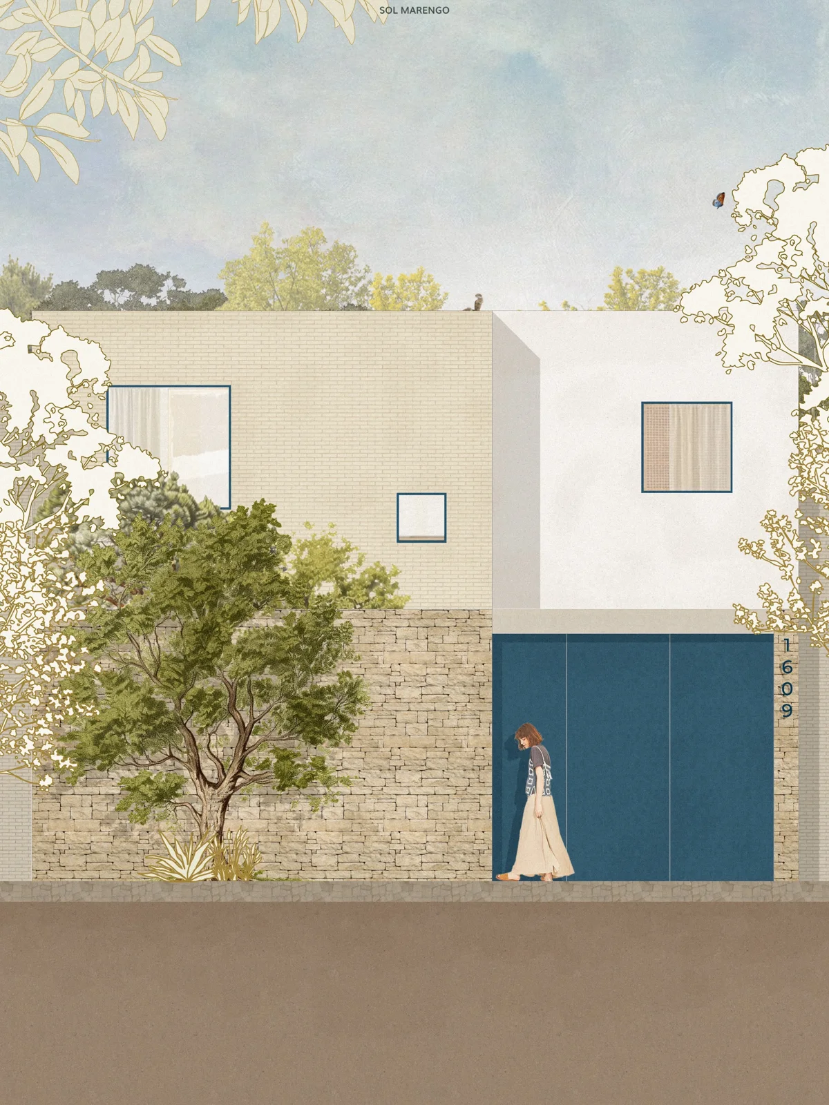 Rendered elevation of a minimal house facade with a stone base, plain rendered walls and a single blue door