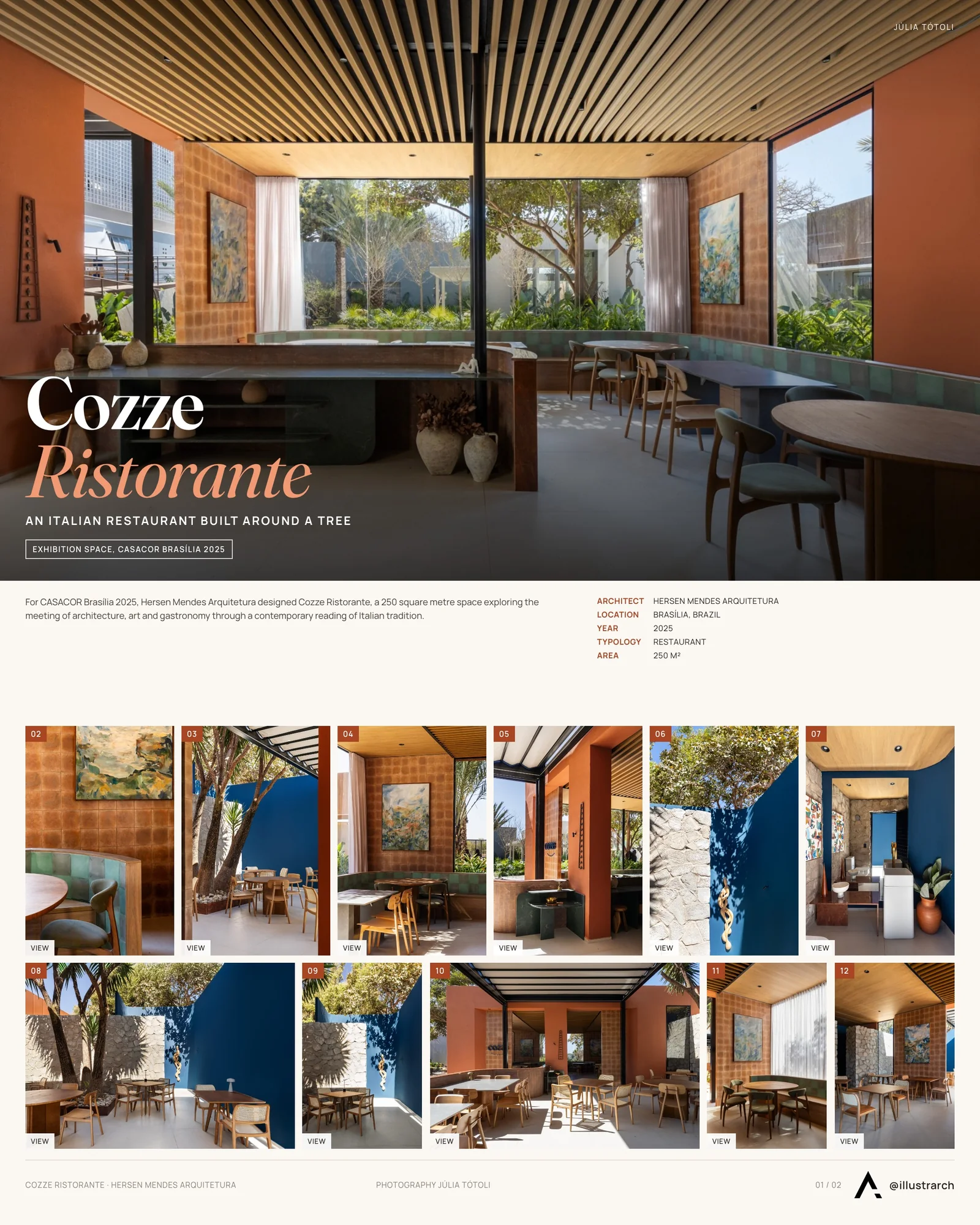 Presentation board cover for Dialogue Between Architecture, Art, and Gastronomy: Cozze Ristorante by Hersen Mendes Arquitetura, with the lead image, project summary and a grid of photographs and drawings