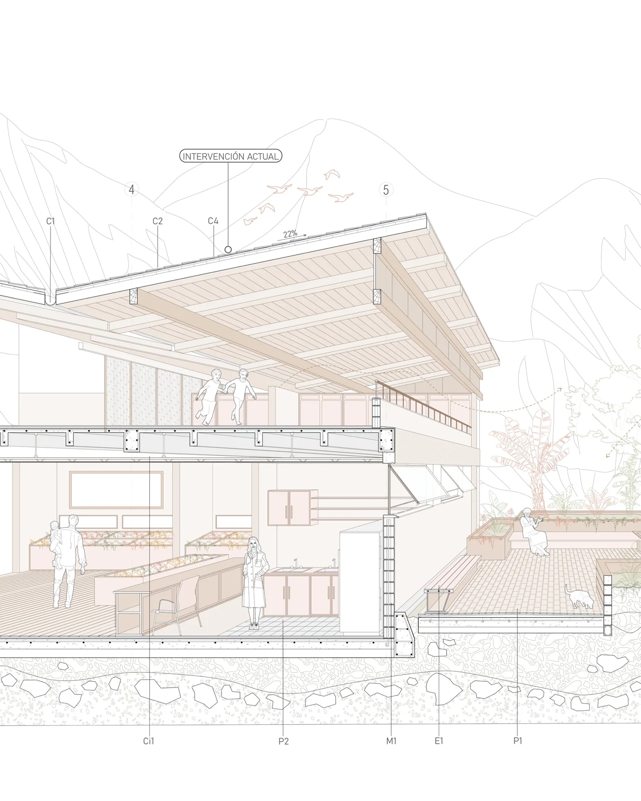 Pale diagram of a timber roof structure with construction annotations