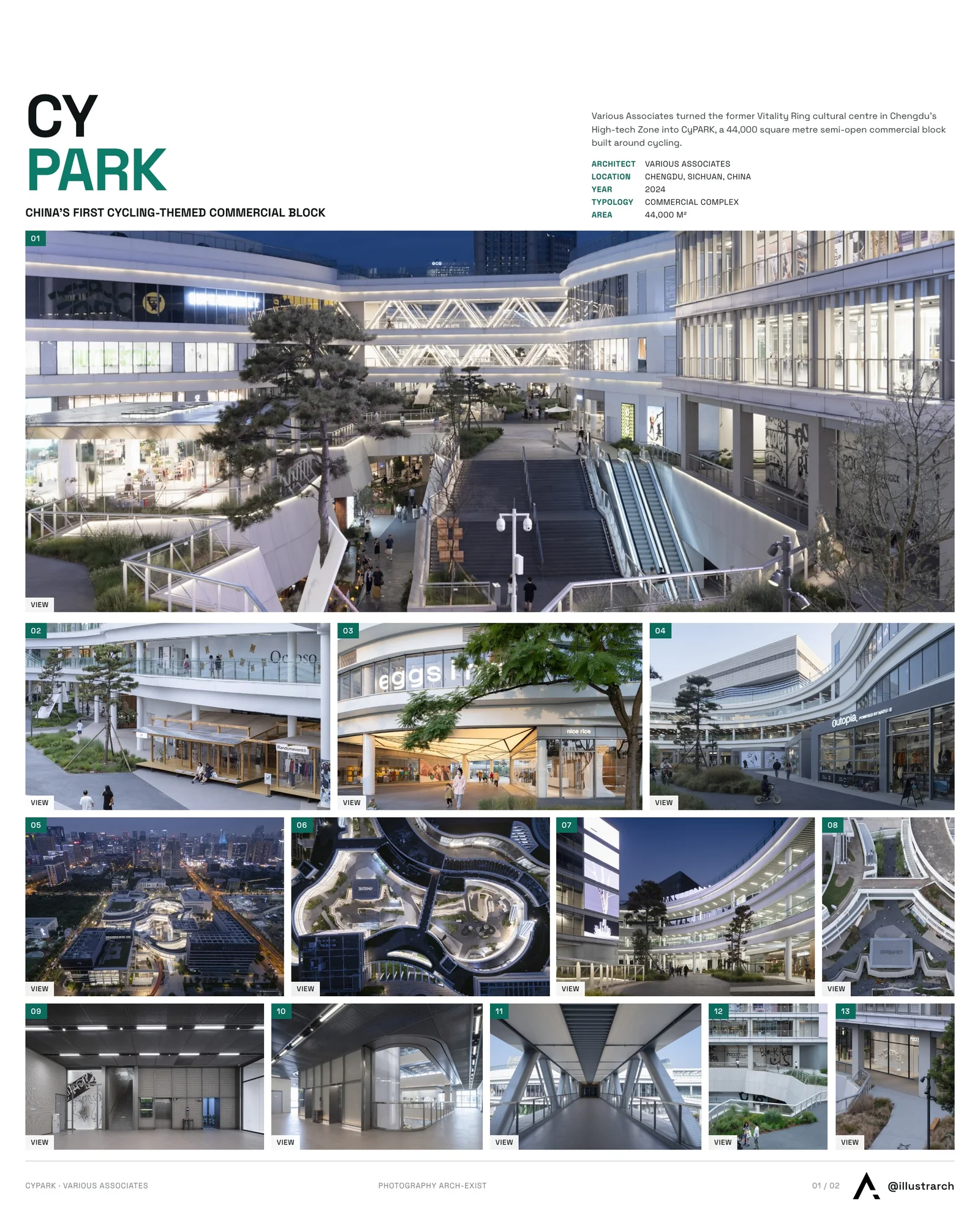 Presentation board cover for CyPARK by Various Associates, with the lead image, project summary and a grid of photographs and drawings