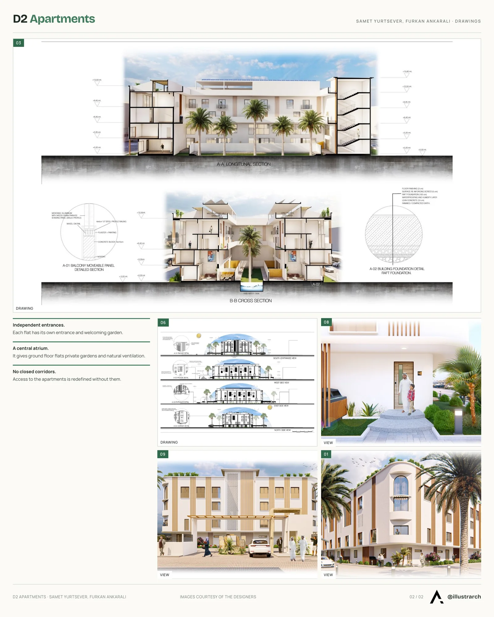 Second presentation board sheet for D2 Apartments, laying out the project drawings and images on one page