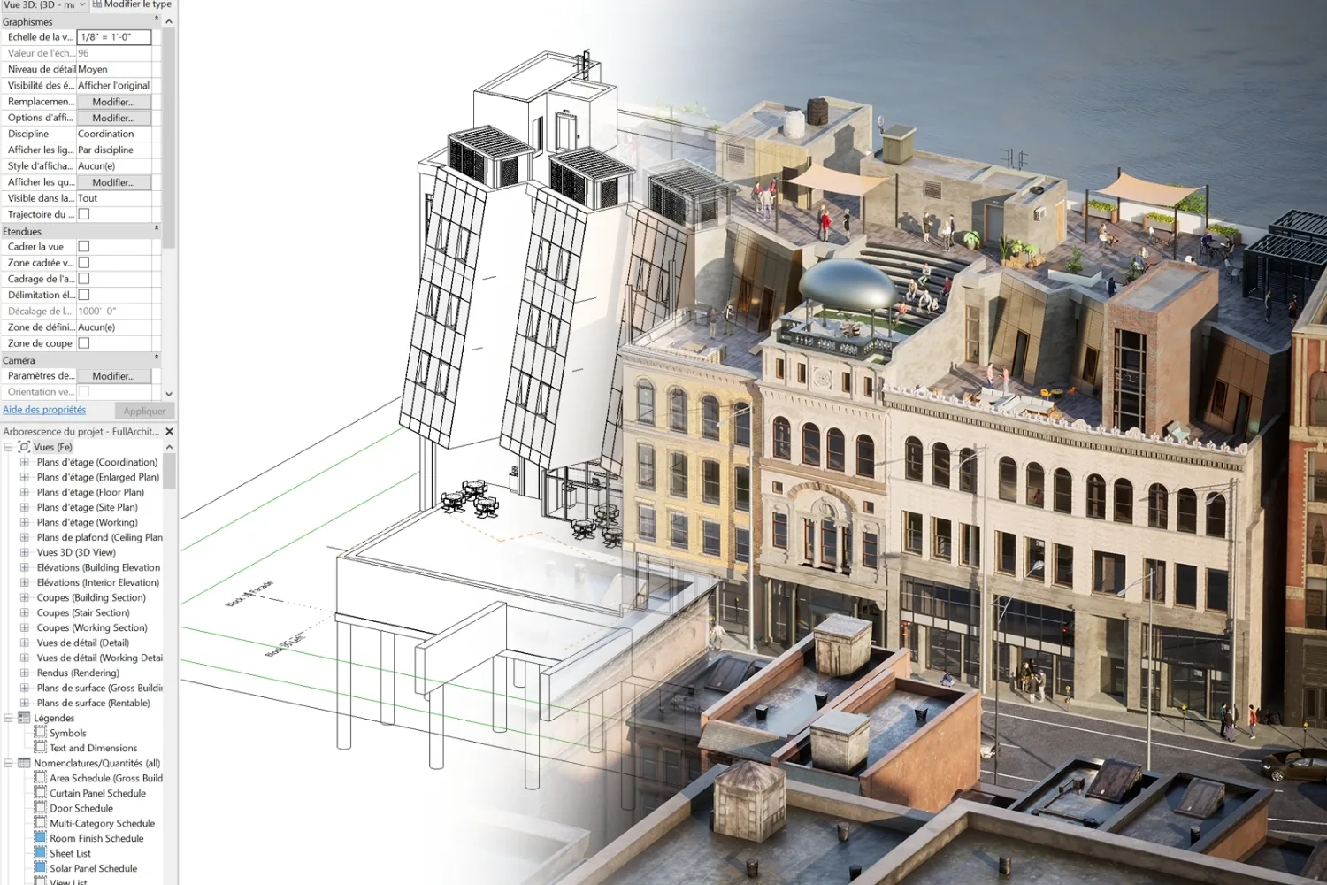 Revit project browser with a building model fading from line drawing into a rendered rooftop terrace on a historic block