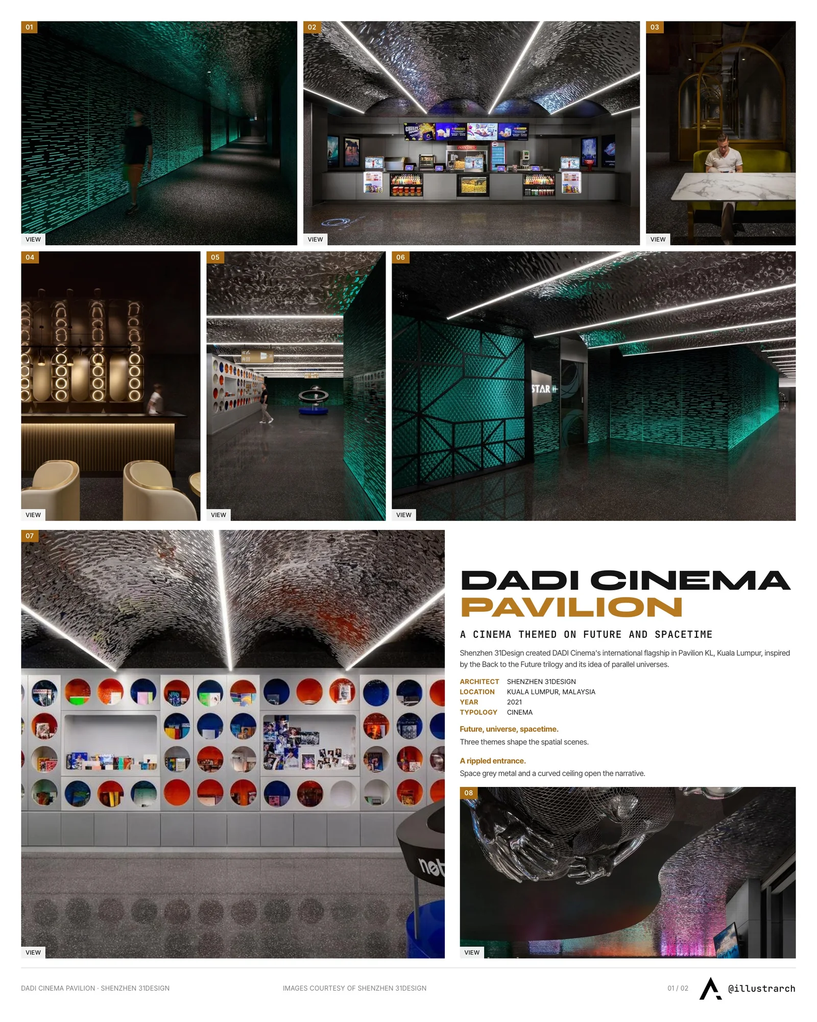 Presentation board cover for DADI Cinema Pavilion, with the lead image, project summary and a grid of photographs and drawings