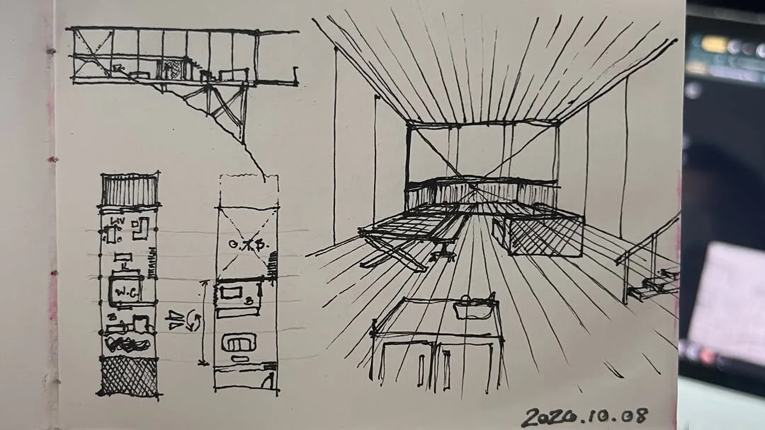 Daily ink sketch using one point perspective lines to study a stair, platform and small plan of a building