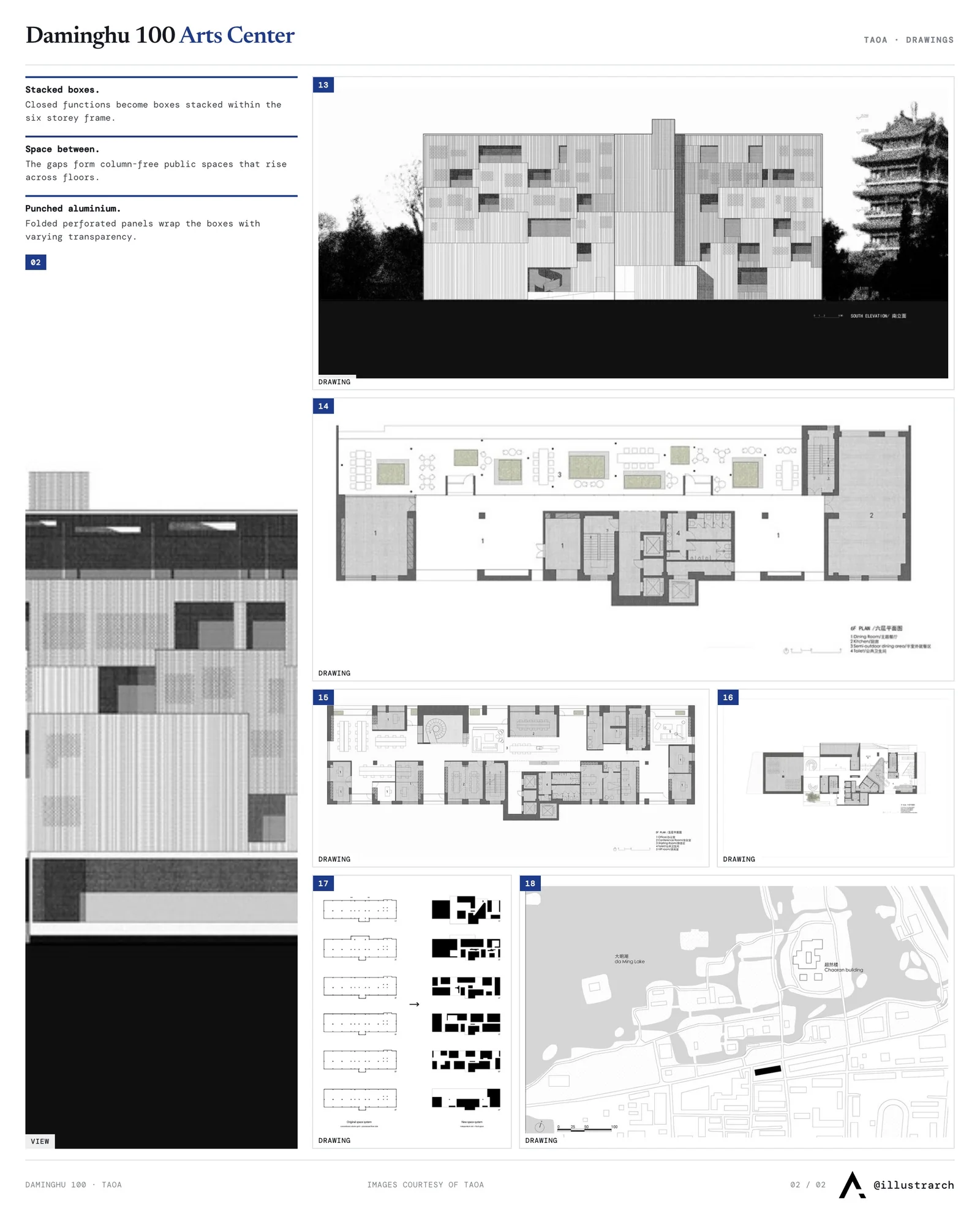 Second presentation board sheet for Daminghu 100 Culture & Arts Center, laying out the project drawings and images on one page