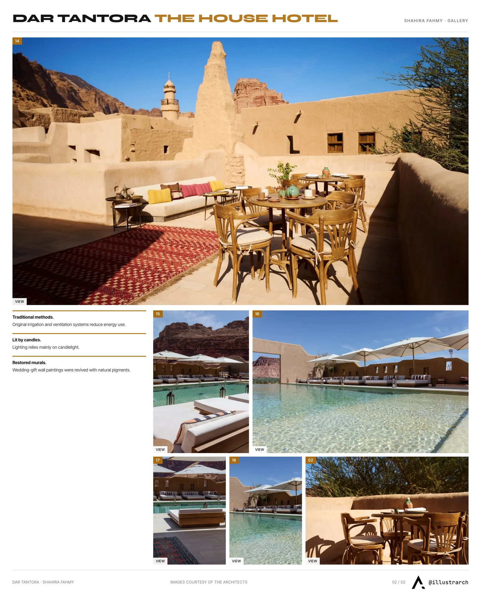 Second presentation board sheet for Dar Tantora The House Hotel: A Historic Eco-Retreat in AlUla, laying out the project drawings and images on one page