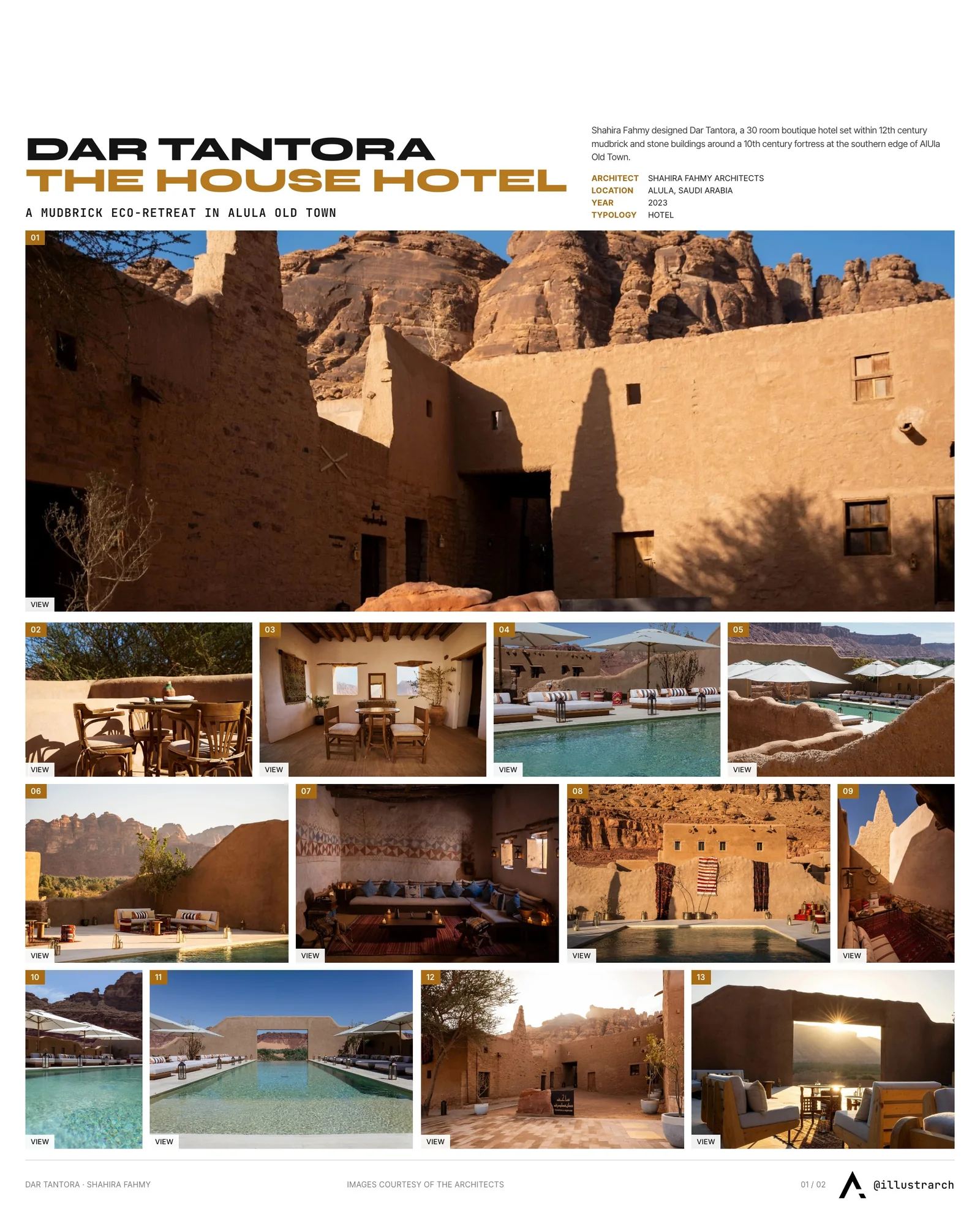 Presentation board cover for Dar Tantora The House Hotel: A Historic Eco-Retreat in AlUla, with the lead image, project summary and a grid of photographs and drawings