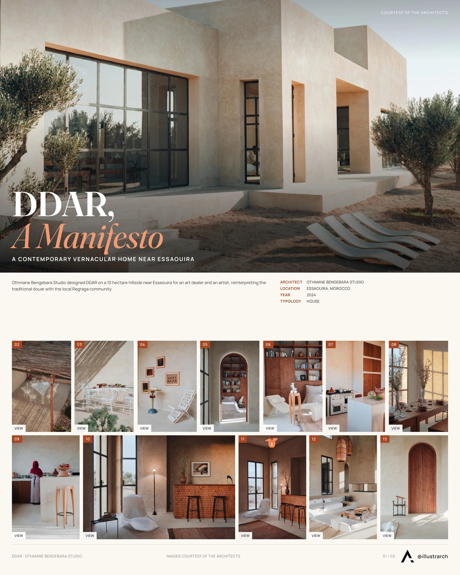 Presentation board cover for DDAR, A Manifesto: A Contemporary Vernacular Home near Essaouira, with the lead image, project summary and a grid of photographs and drawings