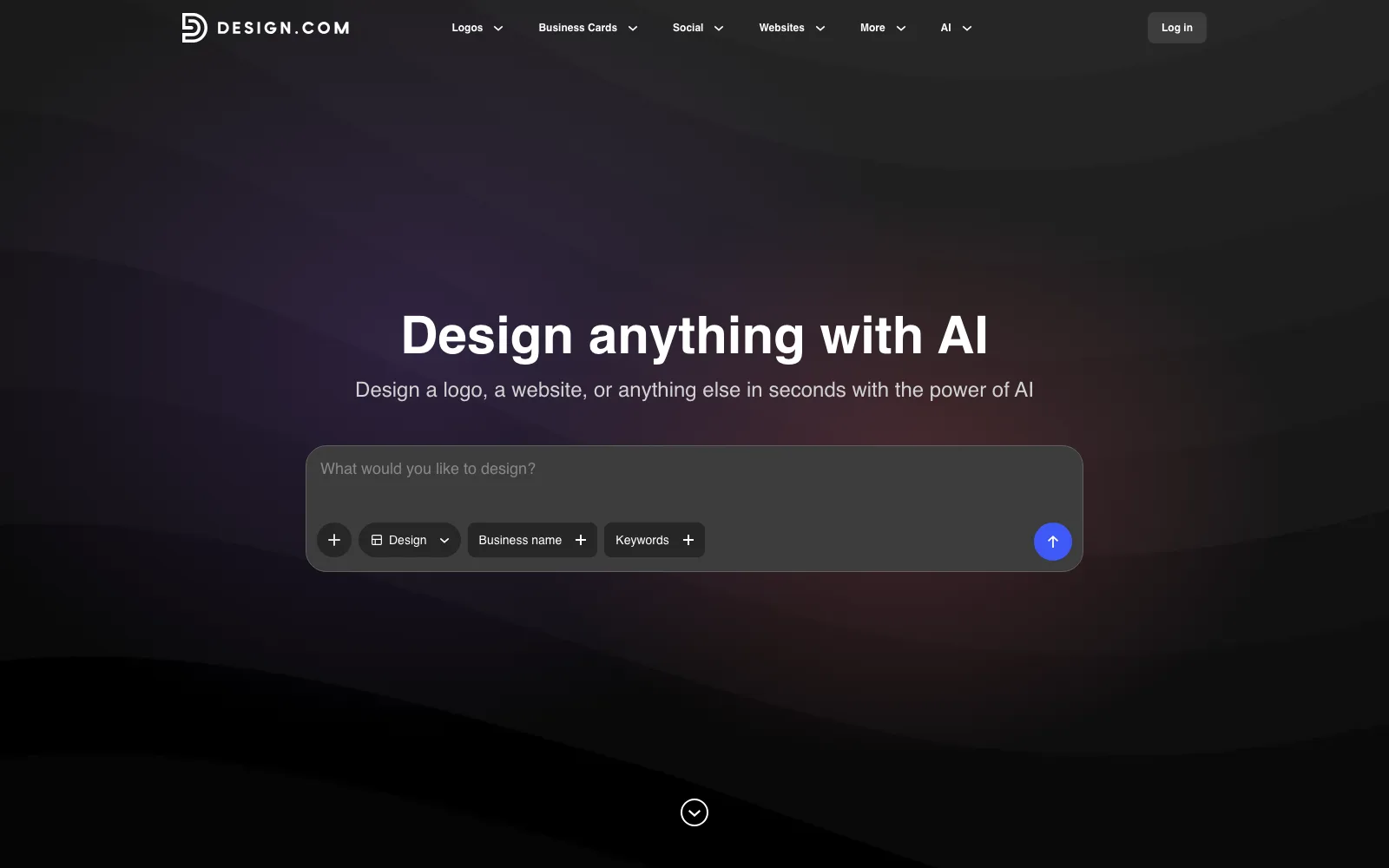 Design.com homepage with the prompt box headed Design anything with AI for logos and websites