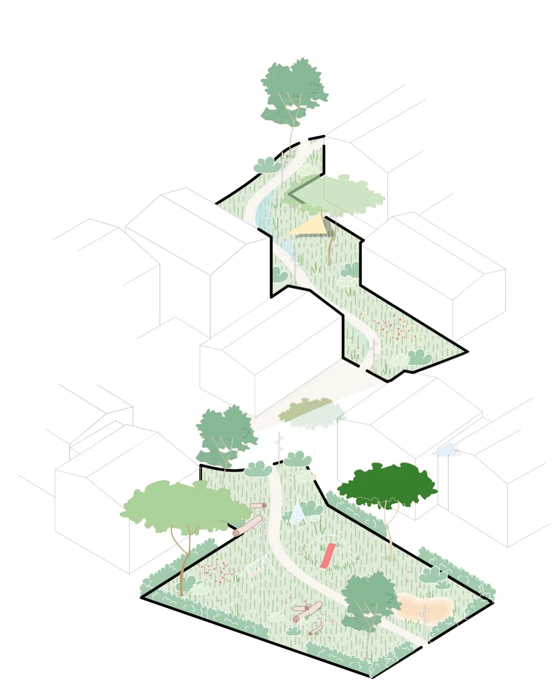 Isometric diagrams illustrating a landscaped path through planted open space