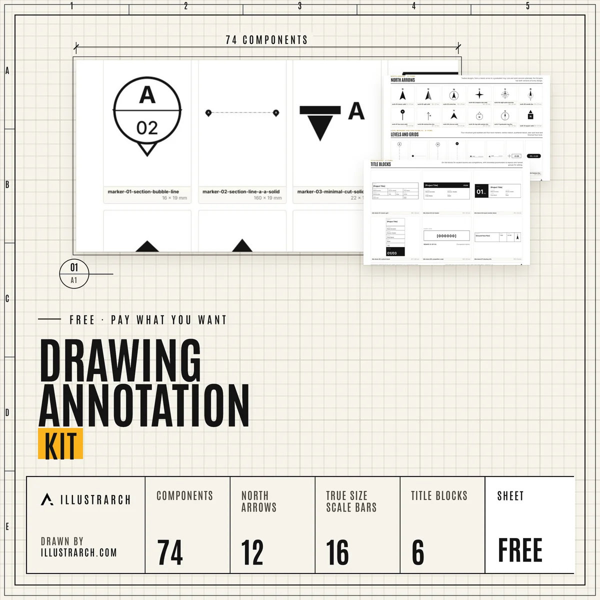 Drawing Annotation Kit 74 North Arrows, Scale Bars, Markers and Title Blocks, SVG and PNG, Free cover