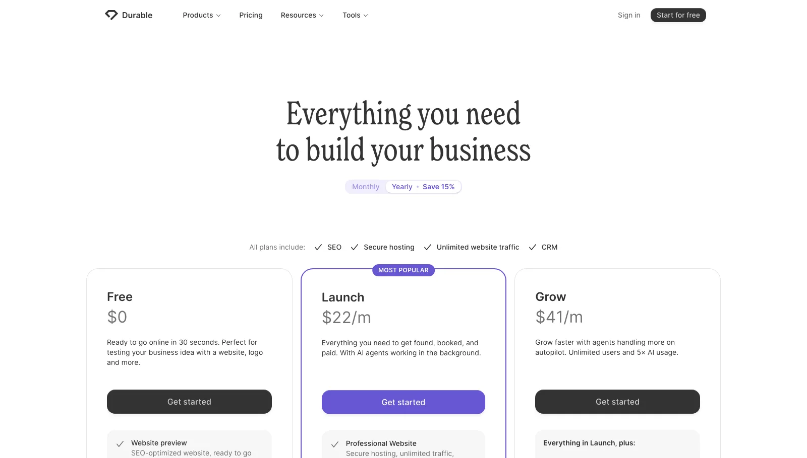 Durable pricing page comparing Free at $0, Launch at $22 a month and Grow at $41 a month