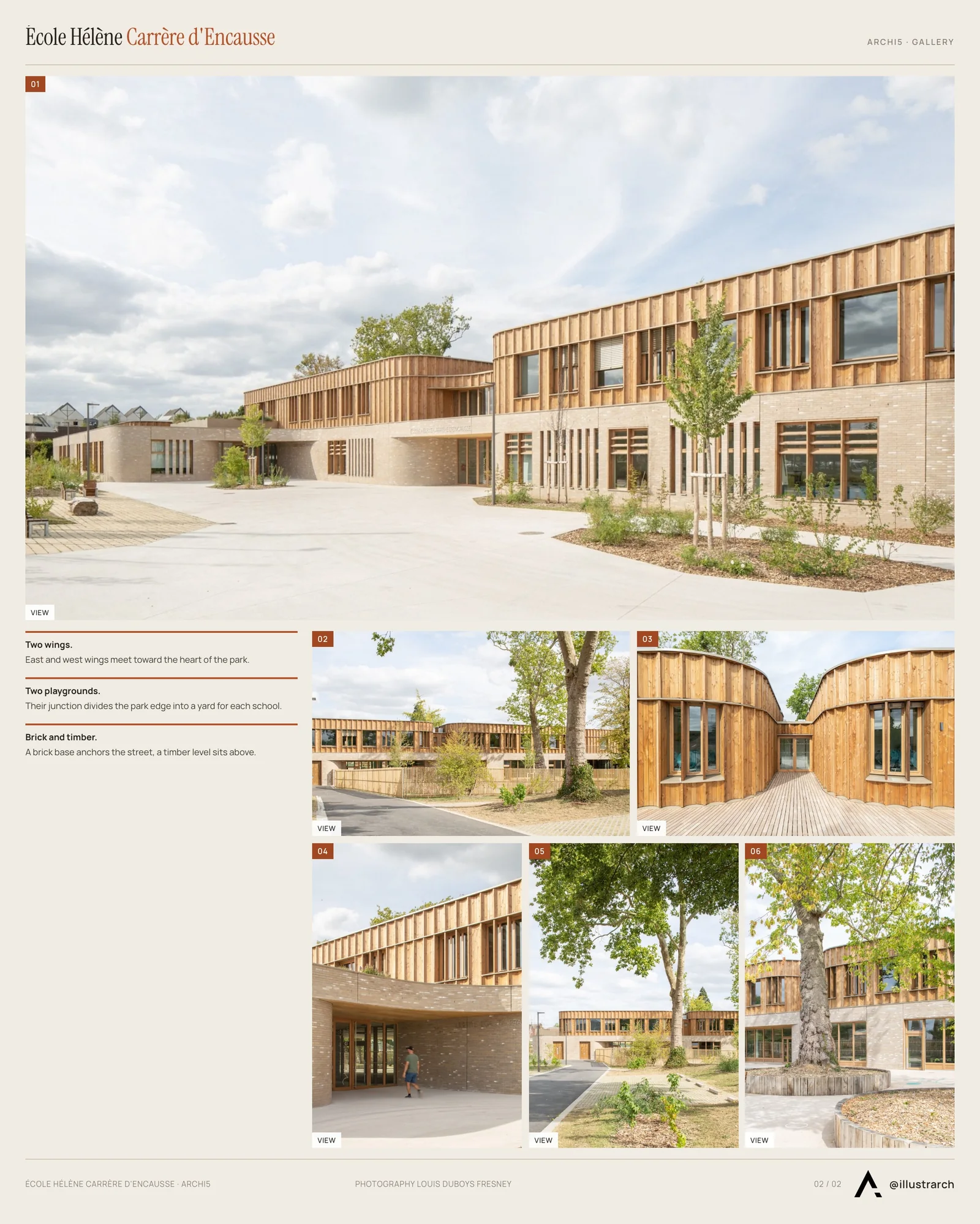 Second presentation board sheet for A School at the Heart of the Landscape: École Hélène Carrère d'Encausse, laying out the project drawings and images on one page
