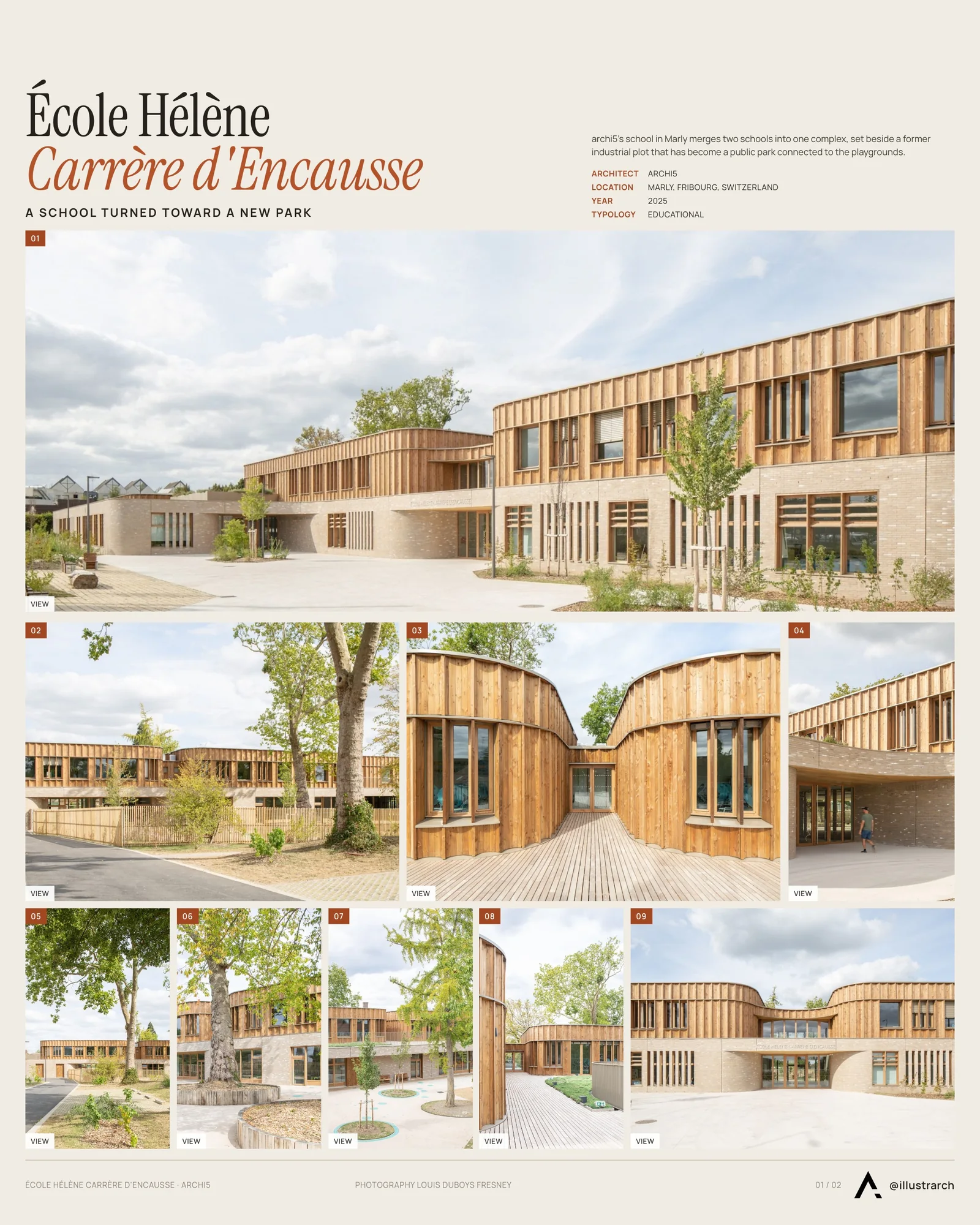 Presentation board cover for A School at the Heart of the Landscape: École Hélène Carrère d'Encausse, with the lead image, project summary and a grid of photographs and drawings