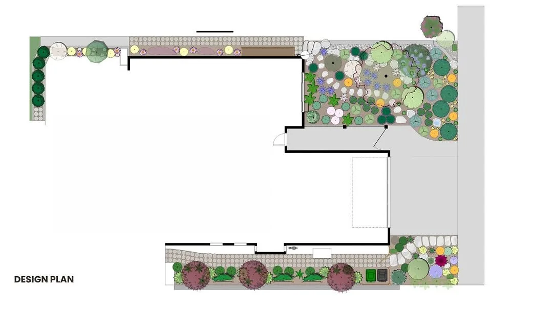 Colored edible garden design plan with dense pollinator planting beds and herbs wrapped around a small residential structure