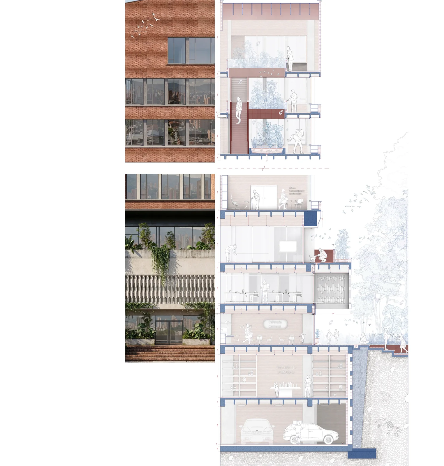 Stacked brick facade images with colored red and pink section overlays