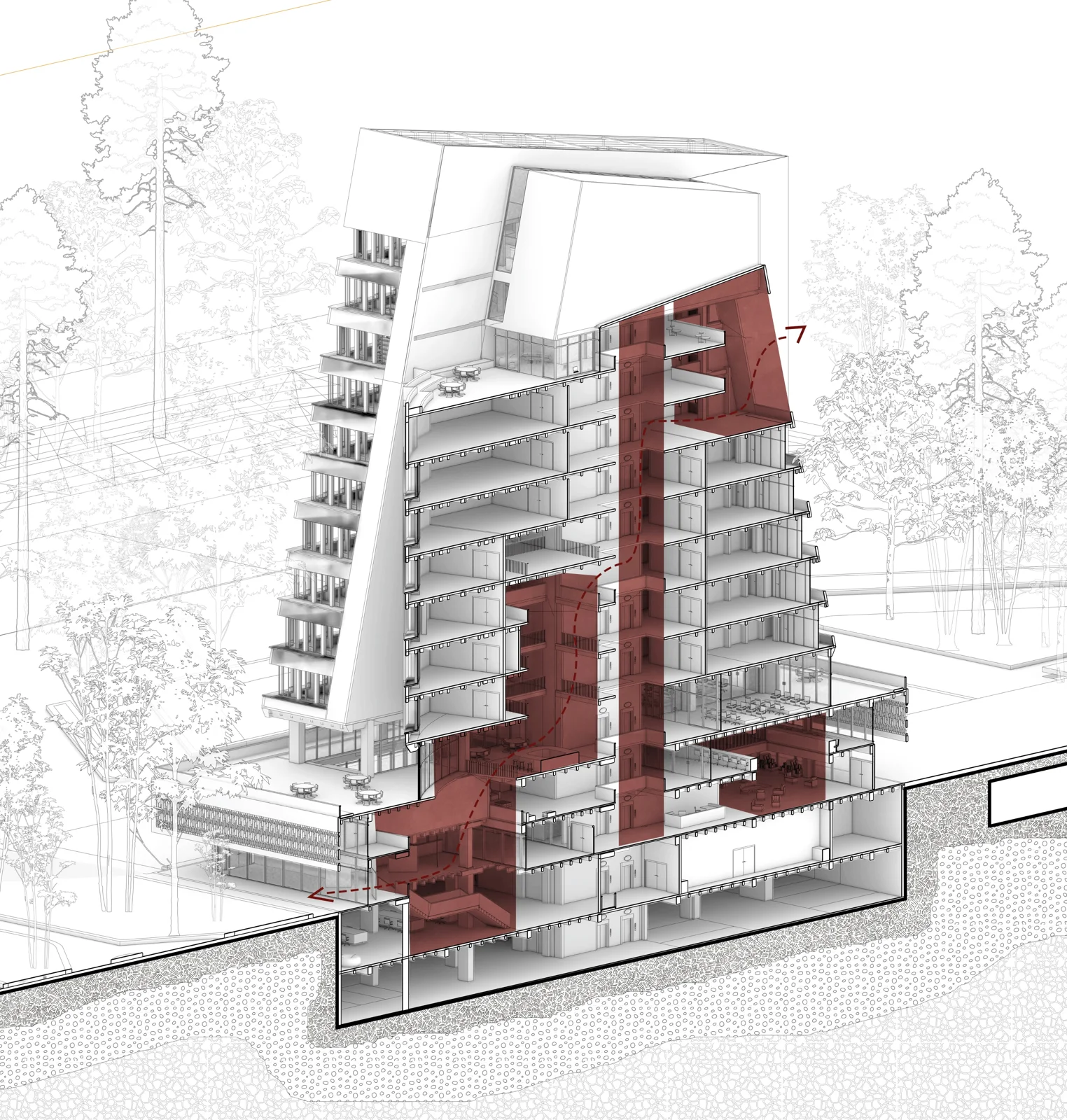 Grayscale axonometric of a building with red diagonal structural accents