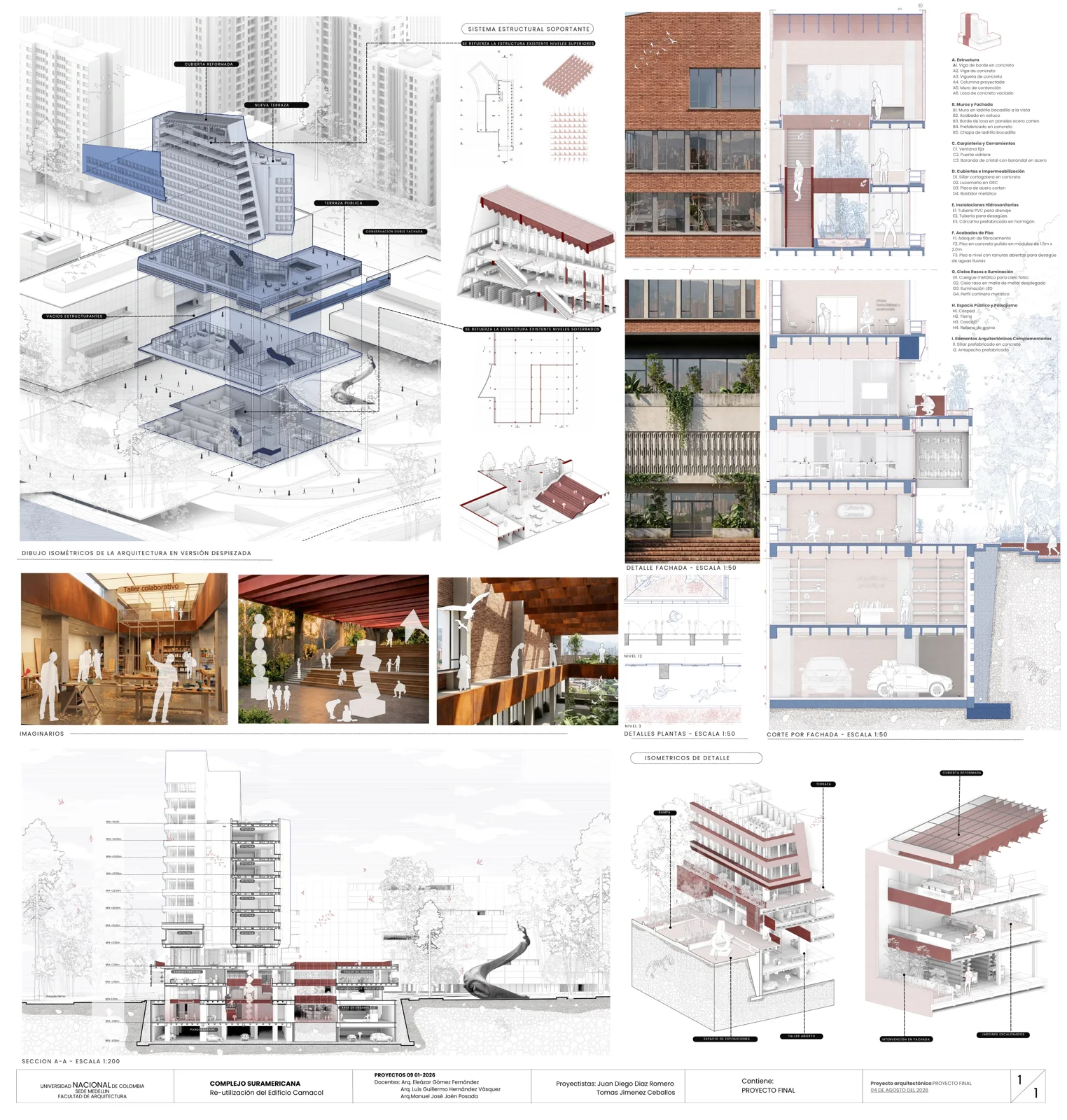 Dense board with axonometric views, floor plans and interior photographs