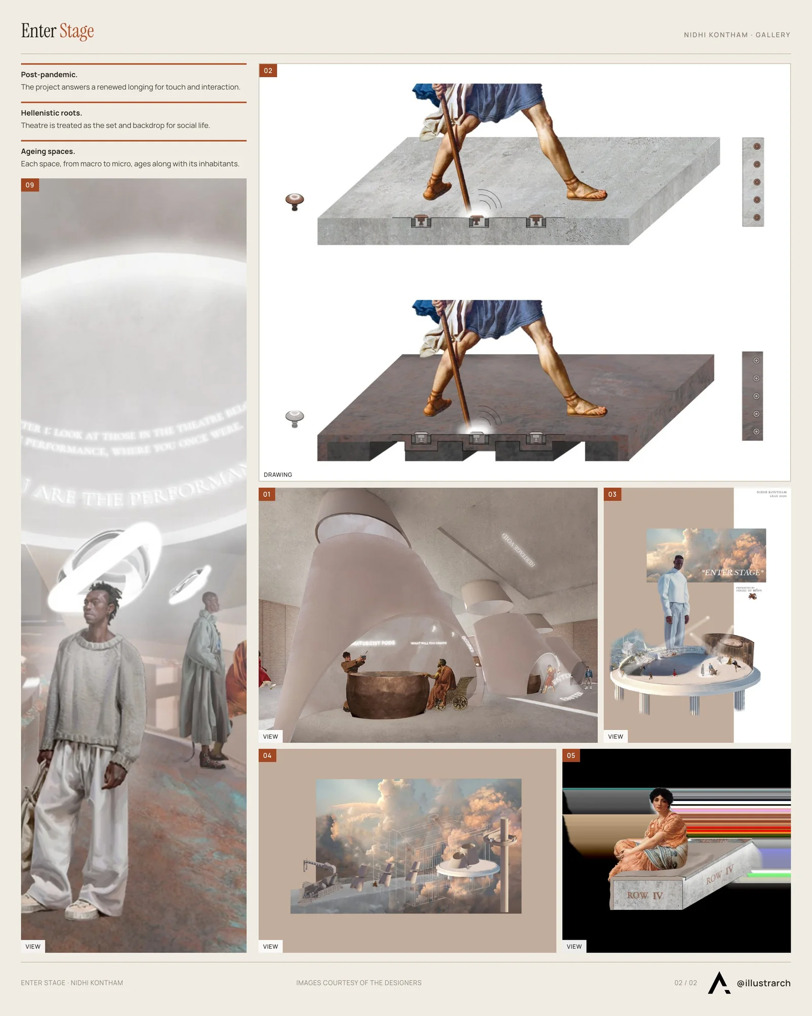 Second presentation board sheet for Enter Stage, laying out the project drawings and images on one page