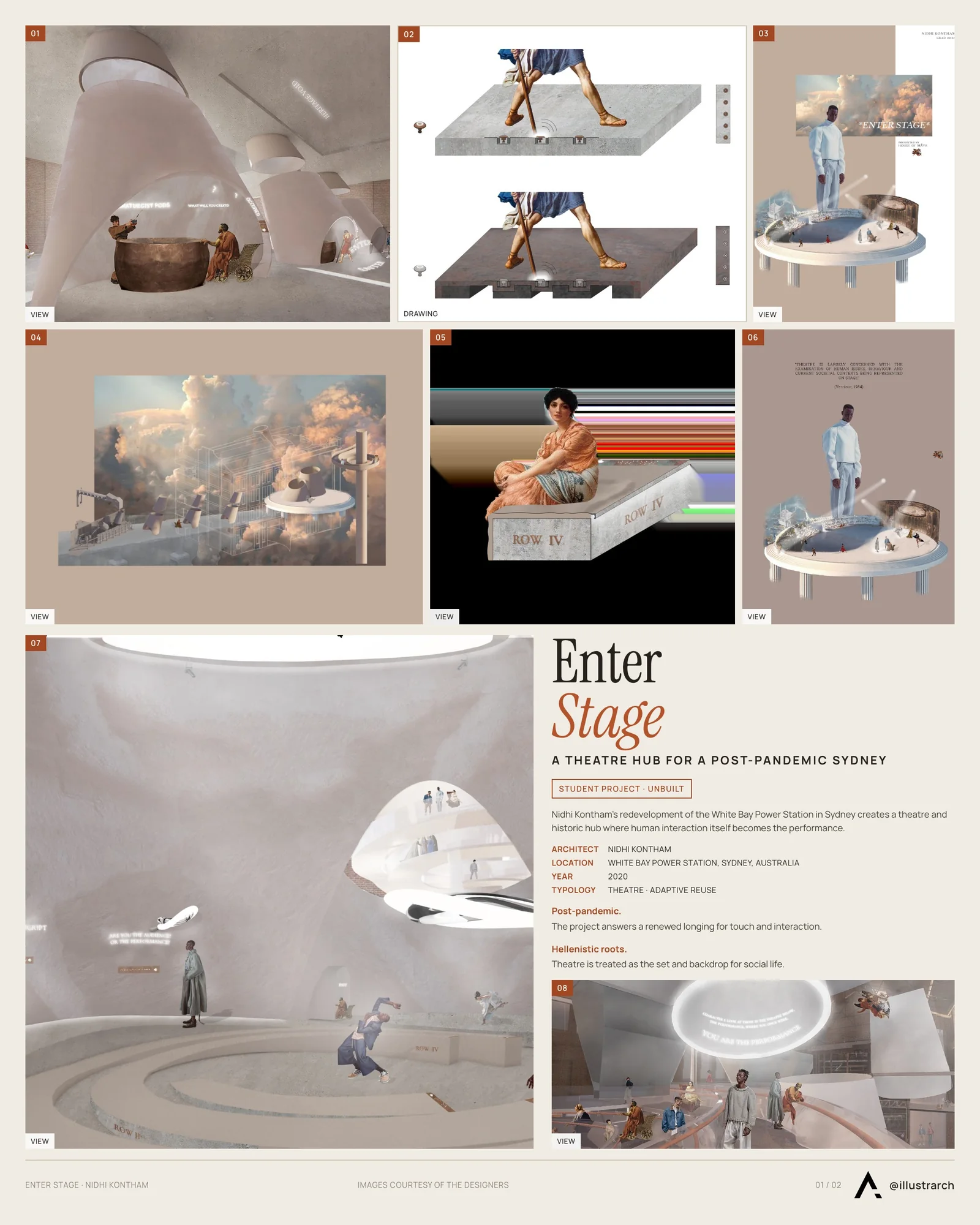 Presentation board cover for Enter Stage, with the lead image, project summary and a grid of photographs and drawings